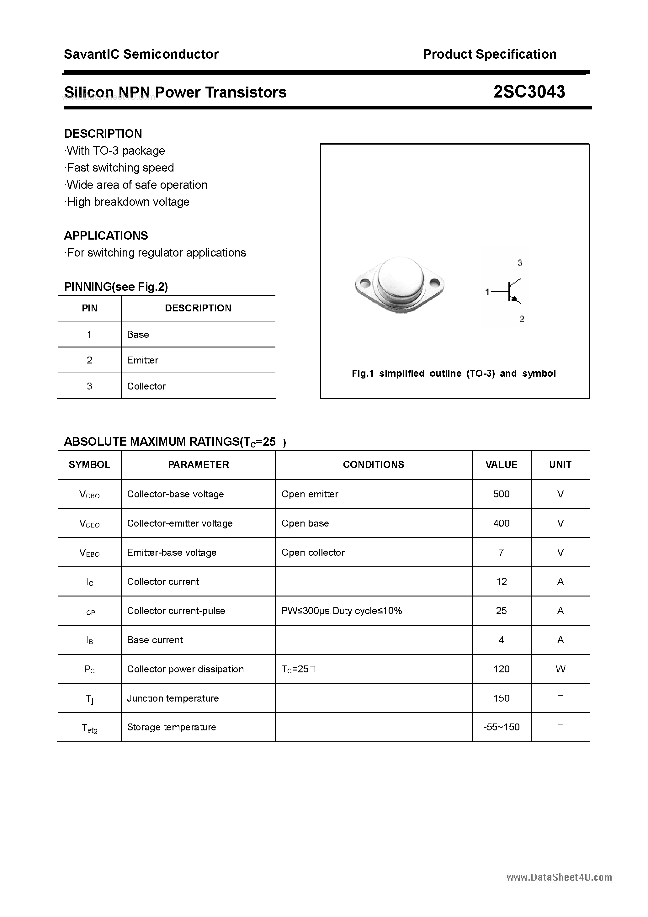 Datasheet 2SC3043 - SILICON POWER TRANSISTOR page 1