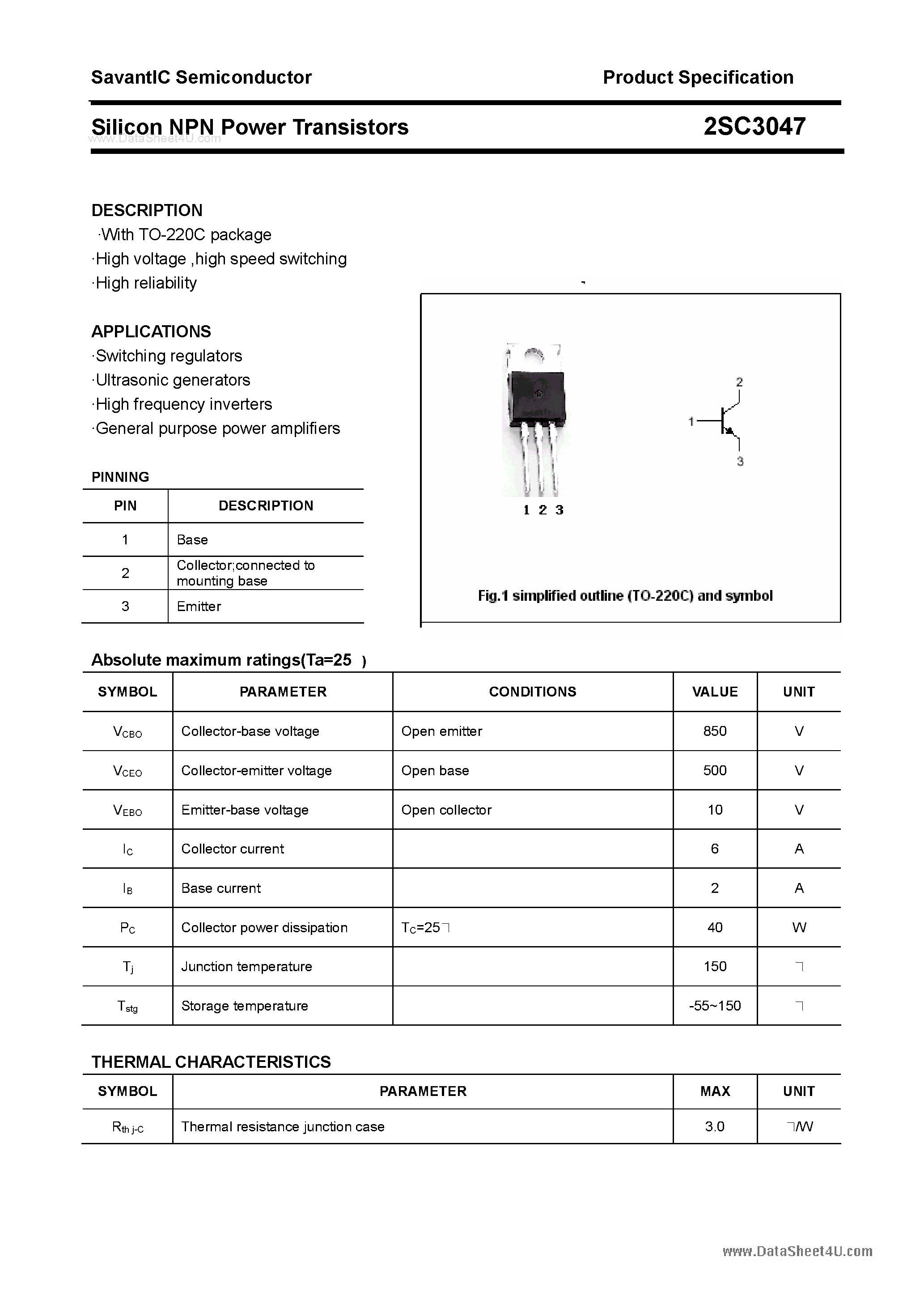 Datasheet 2SC3047 - SILICON POWER TRANSISTOR page 1