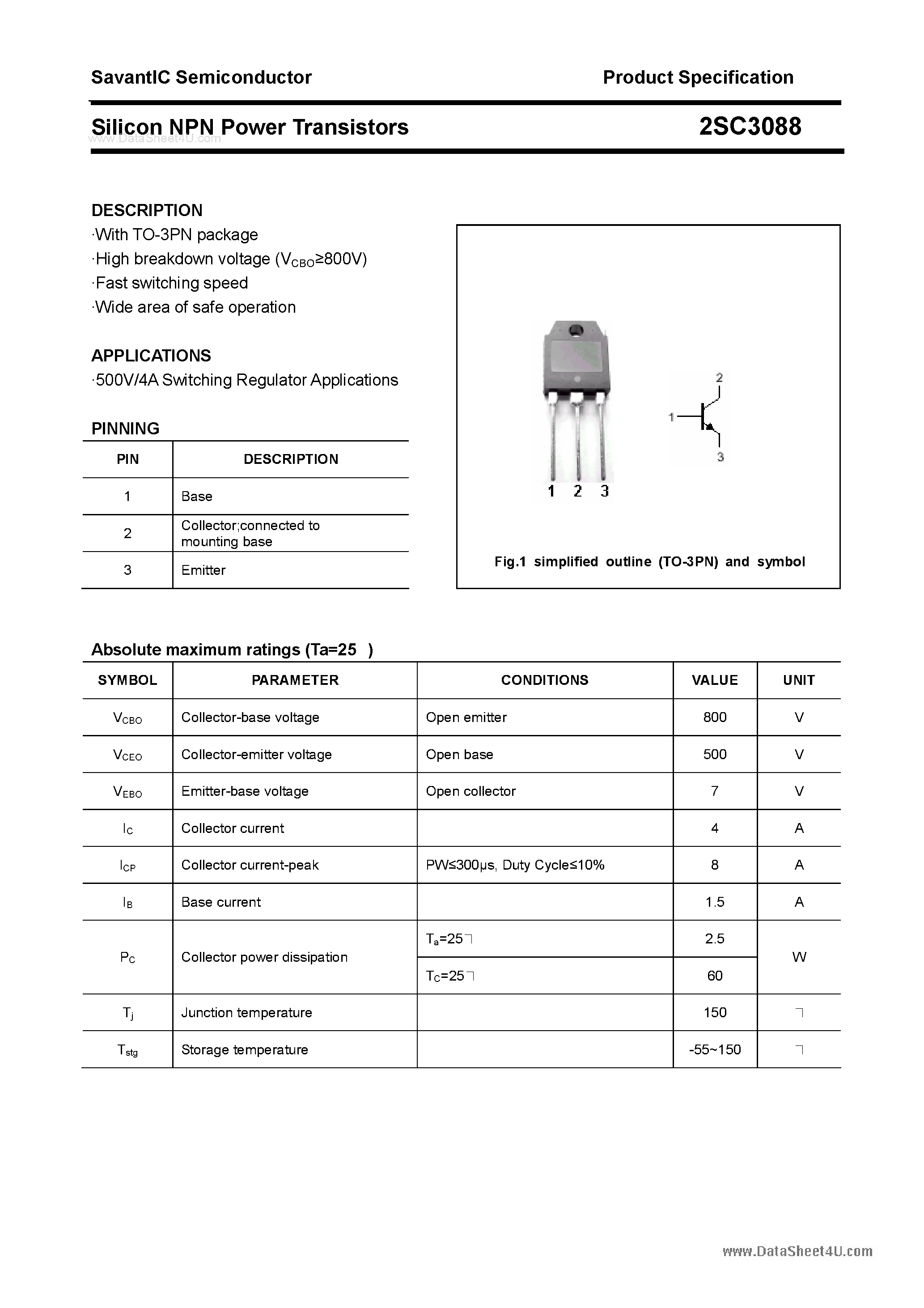 Даташит 2SC3088 - SILICON POWER TRANSISTOR страница 1