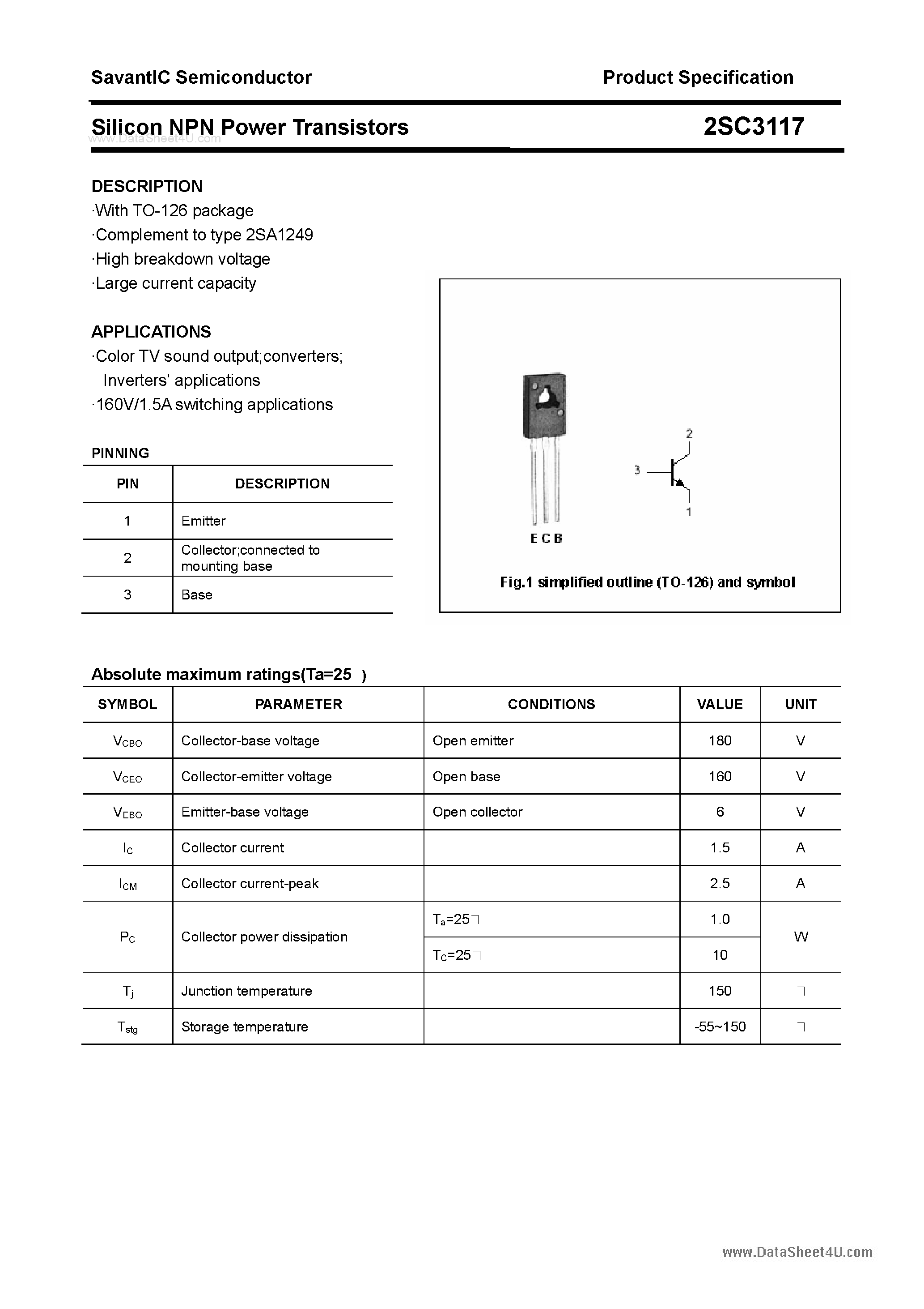 Даташит 2SC3117 - SILICON POWER TRANSISTOR страница 1