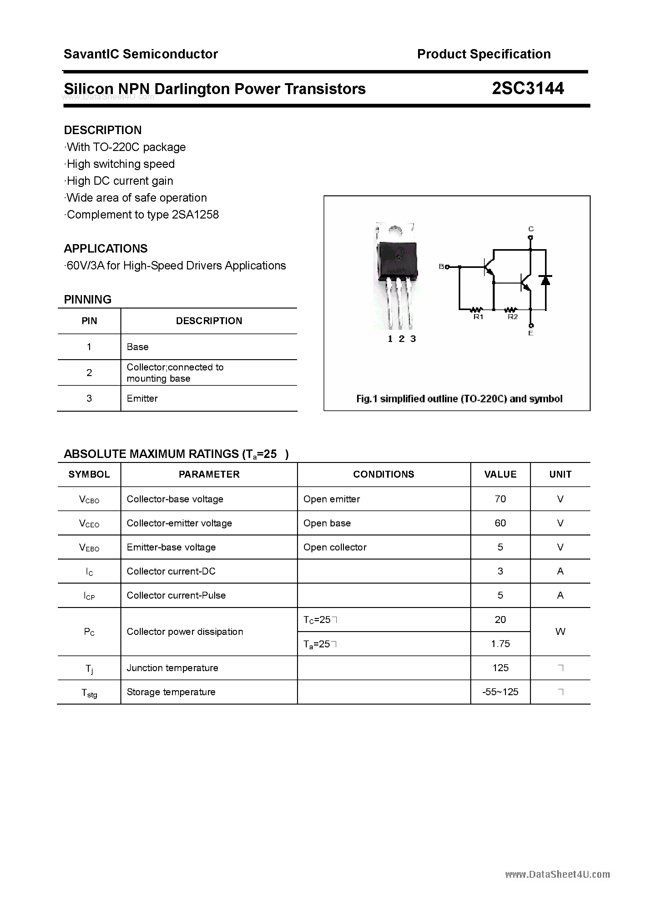 Даташит 2SC3144 - SILICON POWER TRANSISTOR страница 1