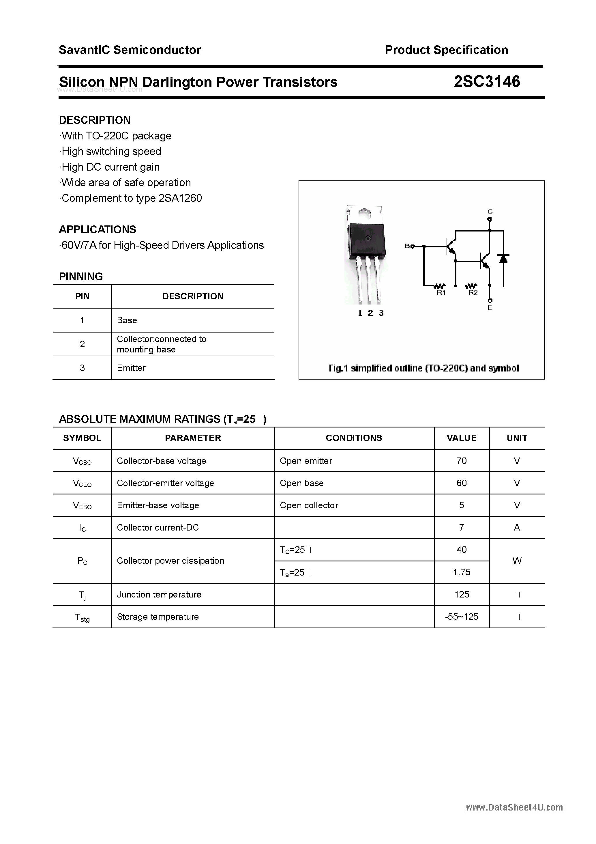 Даташит 2SC3146 - SILICON POWER TRANSISTOR страница 1