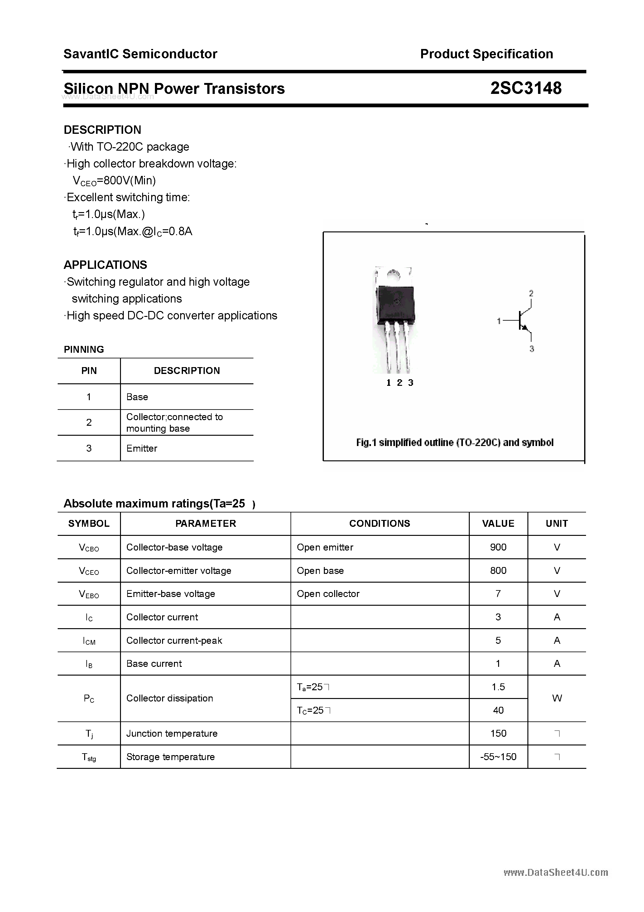 Даташит 2SC3148 - SILICON POWER TRANSISTOR страница 1