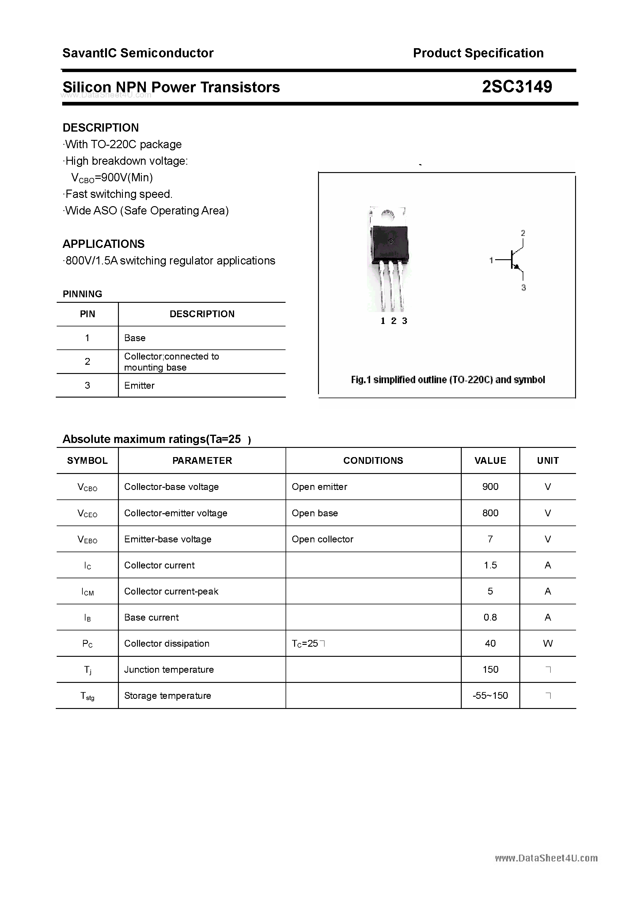 Даташит 2SC3149 - SILICON POWER TRANSISTOR страница 1