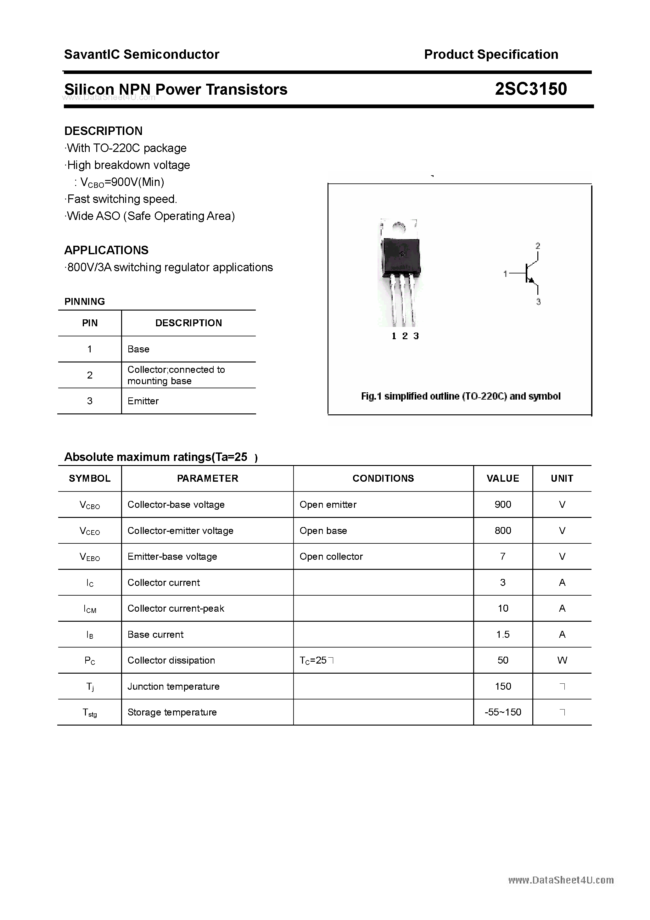 Даташит 2SC3150 - SILICON POWER TRANSISTOR страница 1