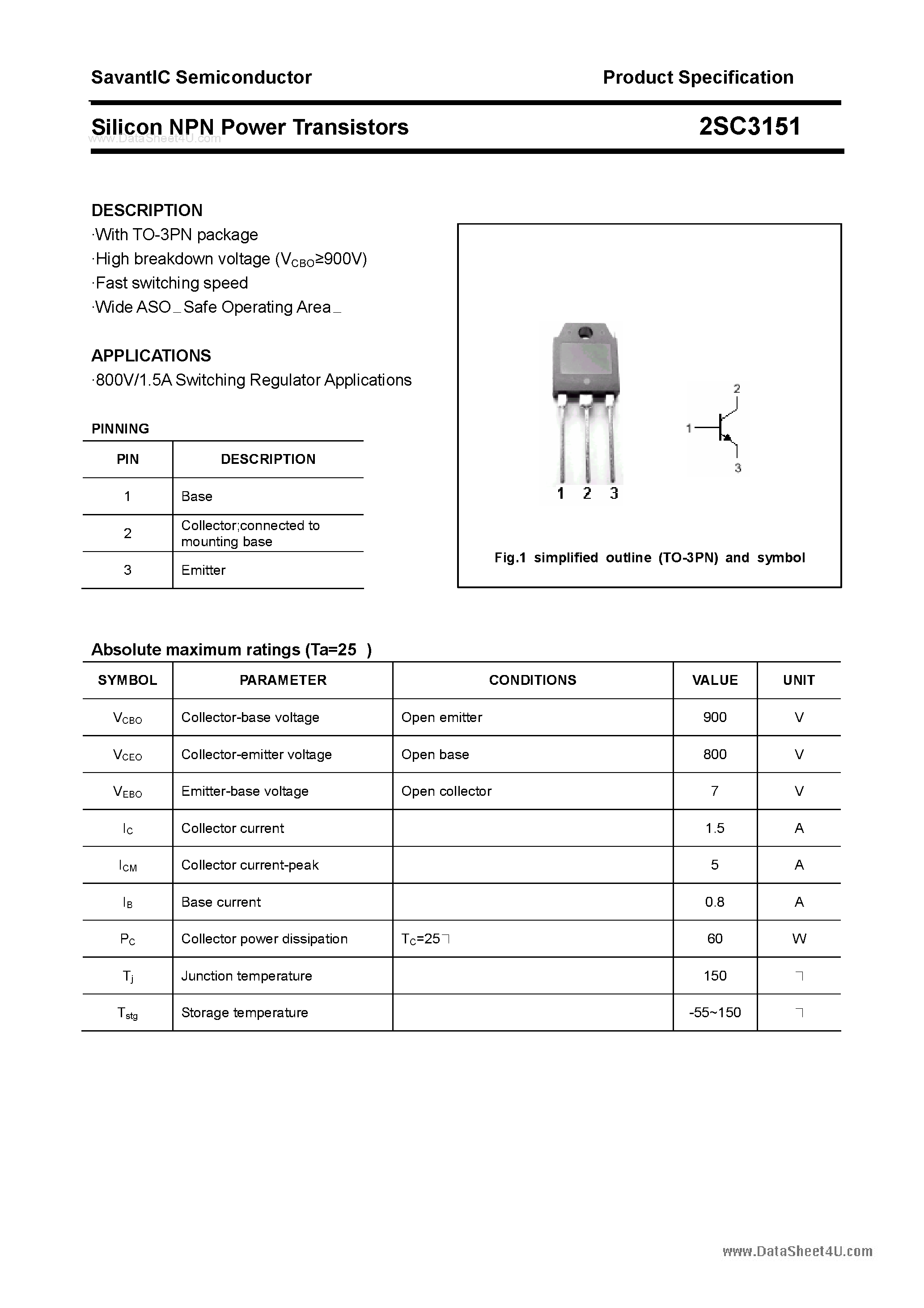 Даташит 2SC3151 - SILICON POWER TRANSISTOR страница 1