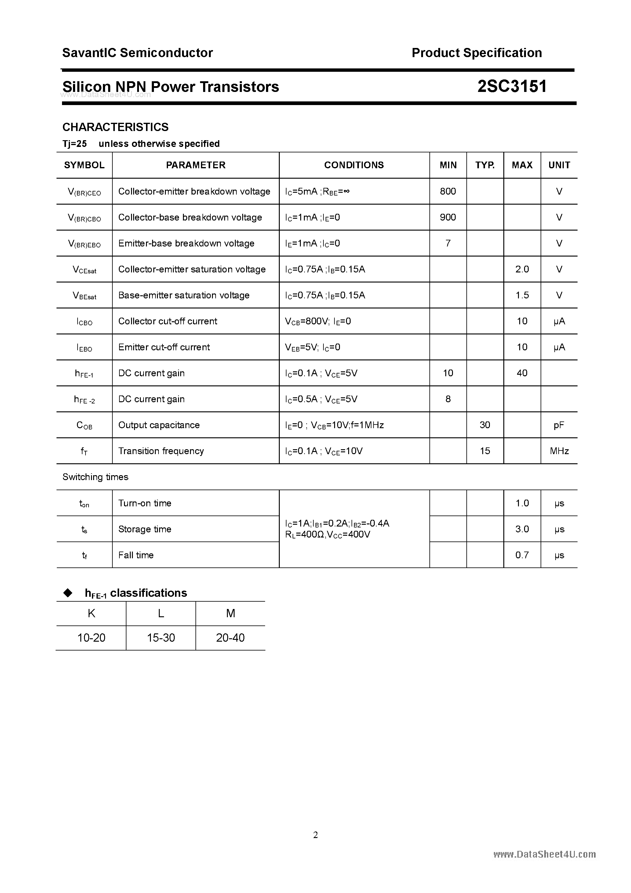 Даташит 2SC3151 - SILICON POWER TRANSISTOR страница 2