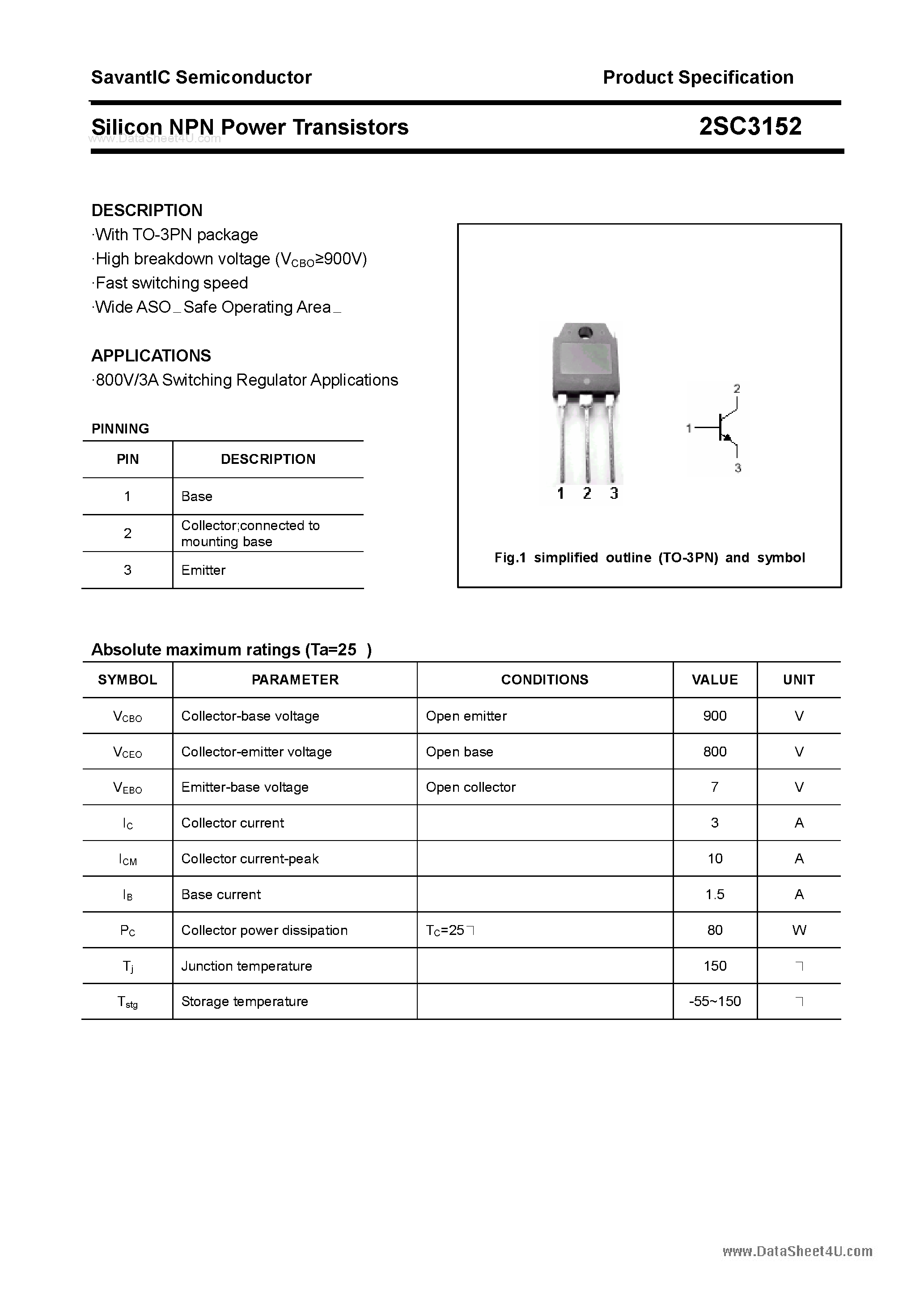 Даташит 2SC3152 - SILICON POWER TRANSISTOR страница 1