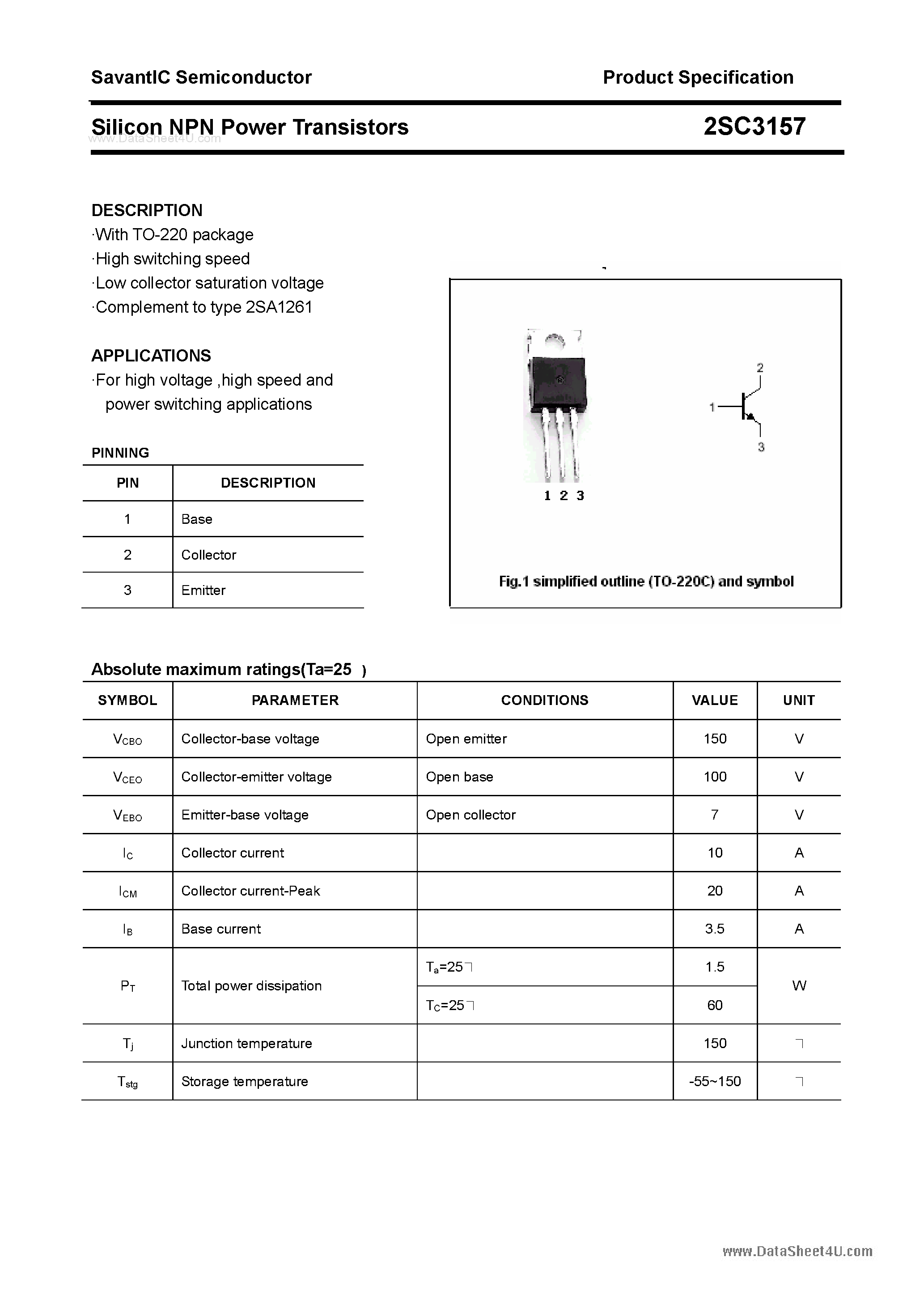 Даташит 2SC3157 - SILICON POWER TRANSISTOR страница 1