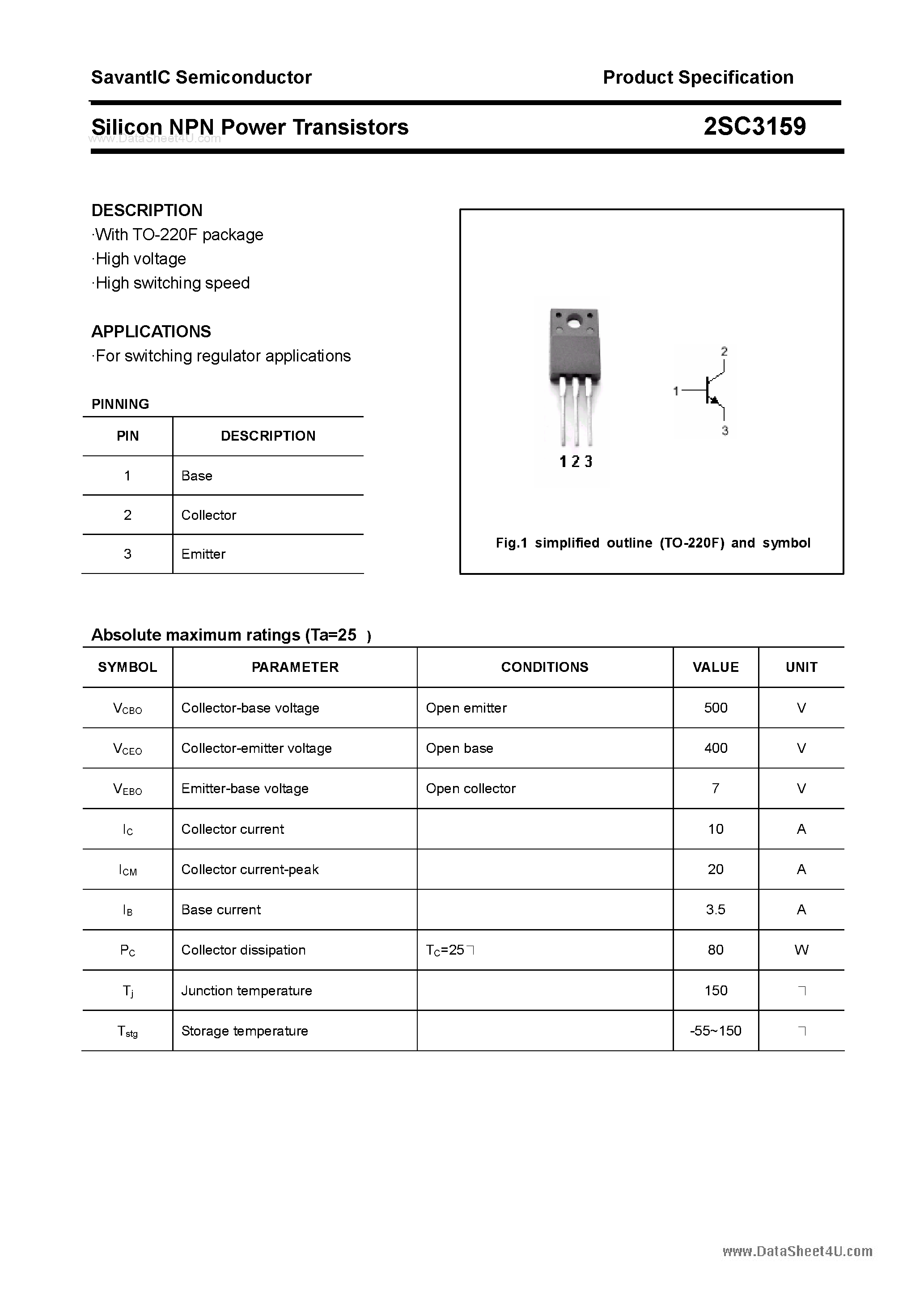 Даташит 2SC3159 - SILICON POWER TRANSISTOR страница 1