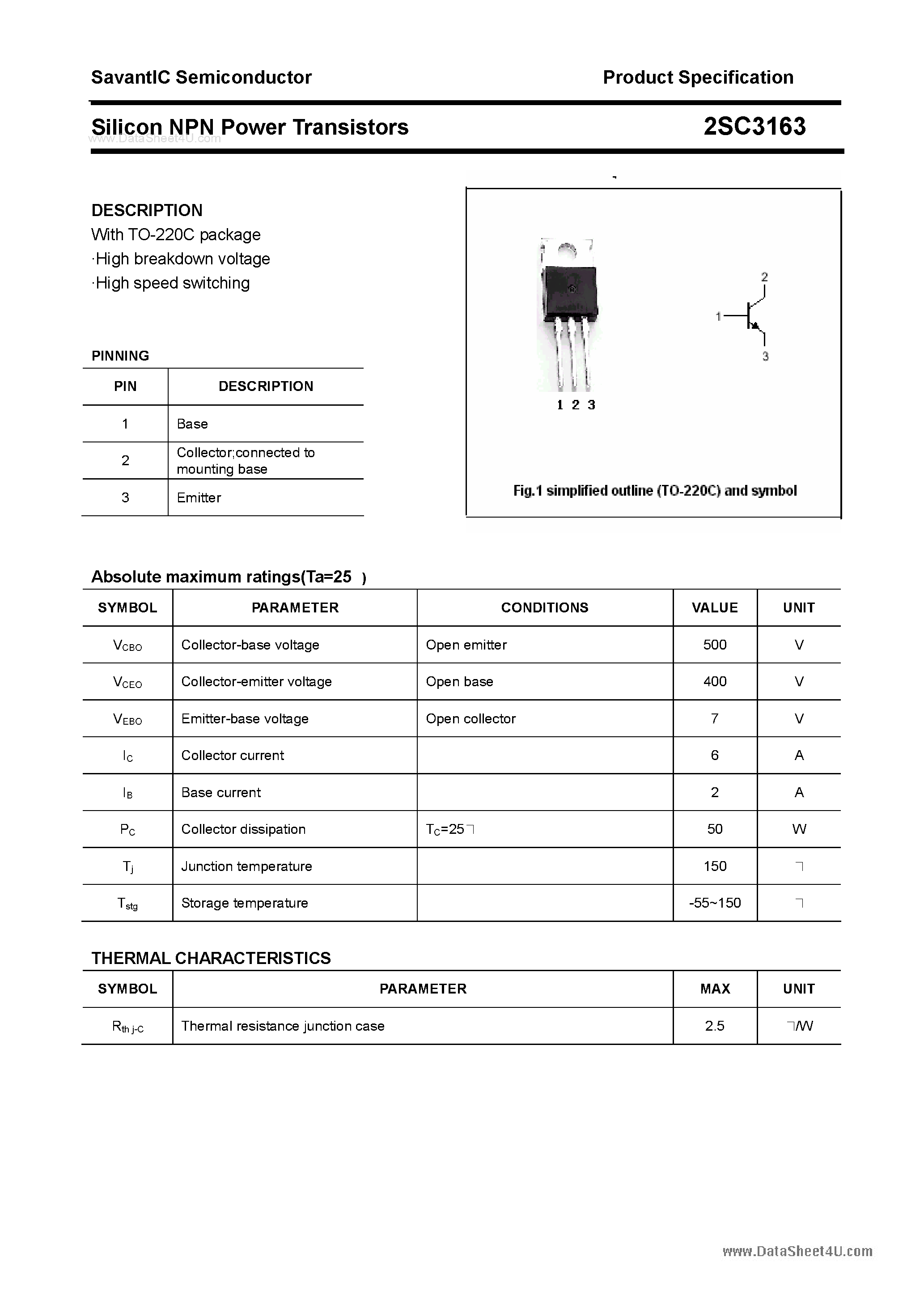 Даташит 2SC3163 - SILICON POWER TRANSISTOR страница 1