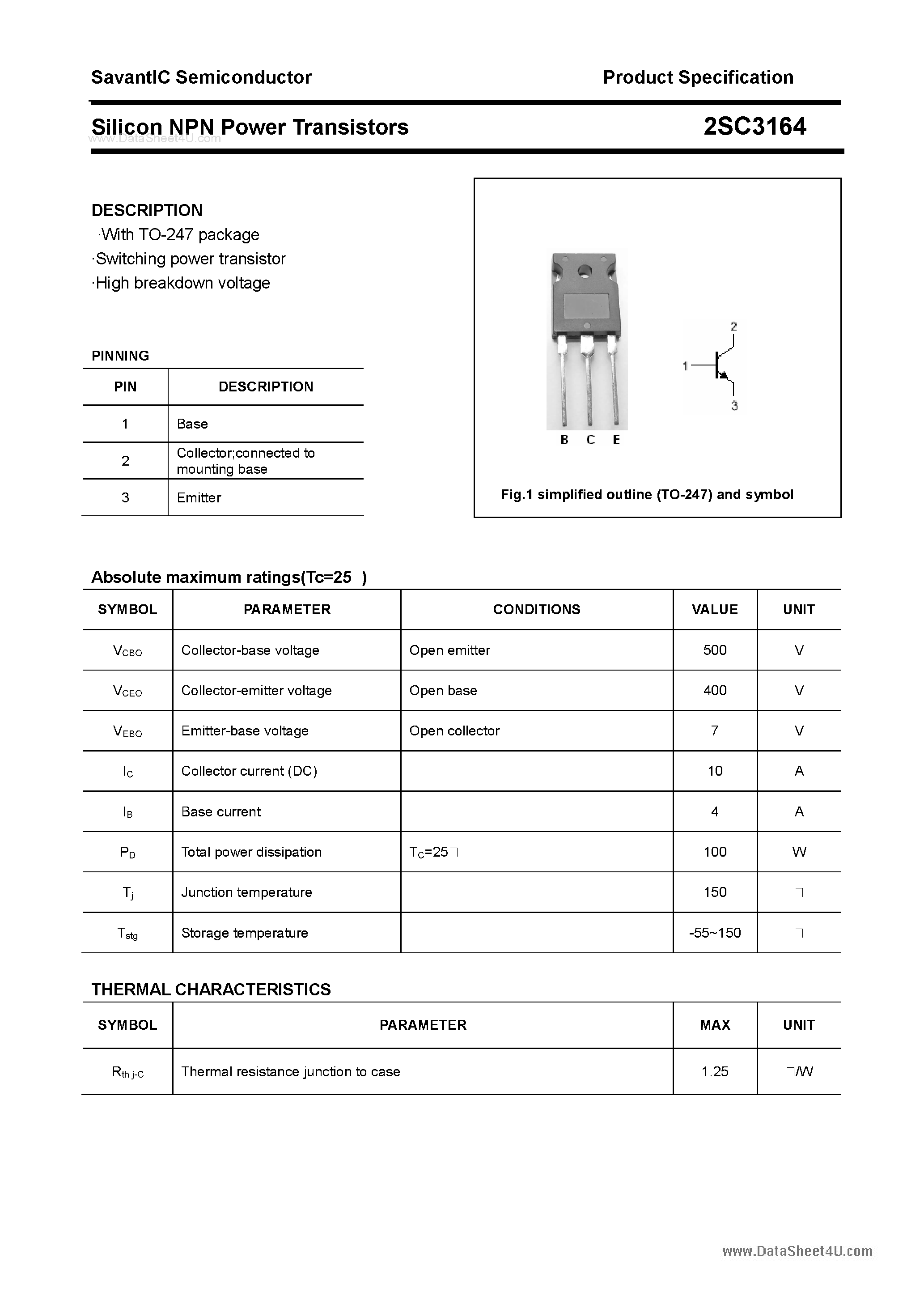 Даташит 2SC3164 - SILICON POWER TRANSISTOR страница 1