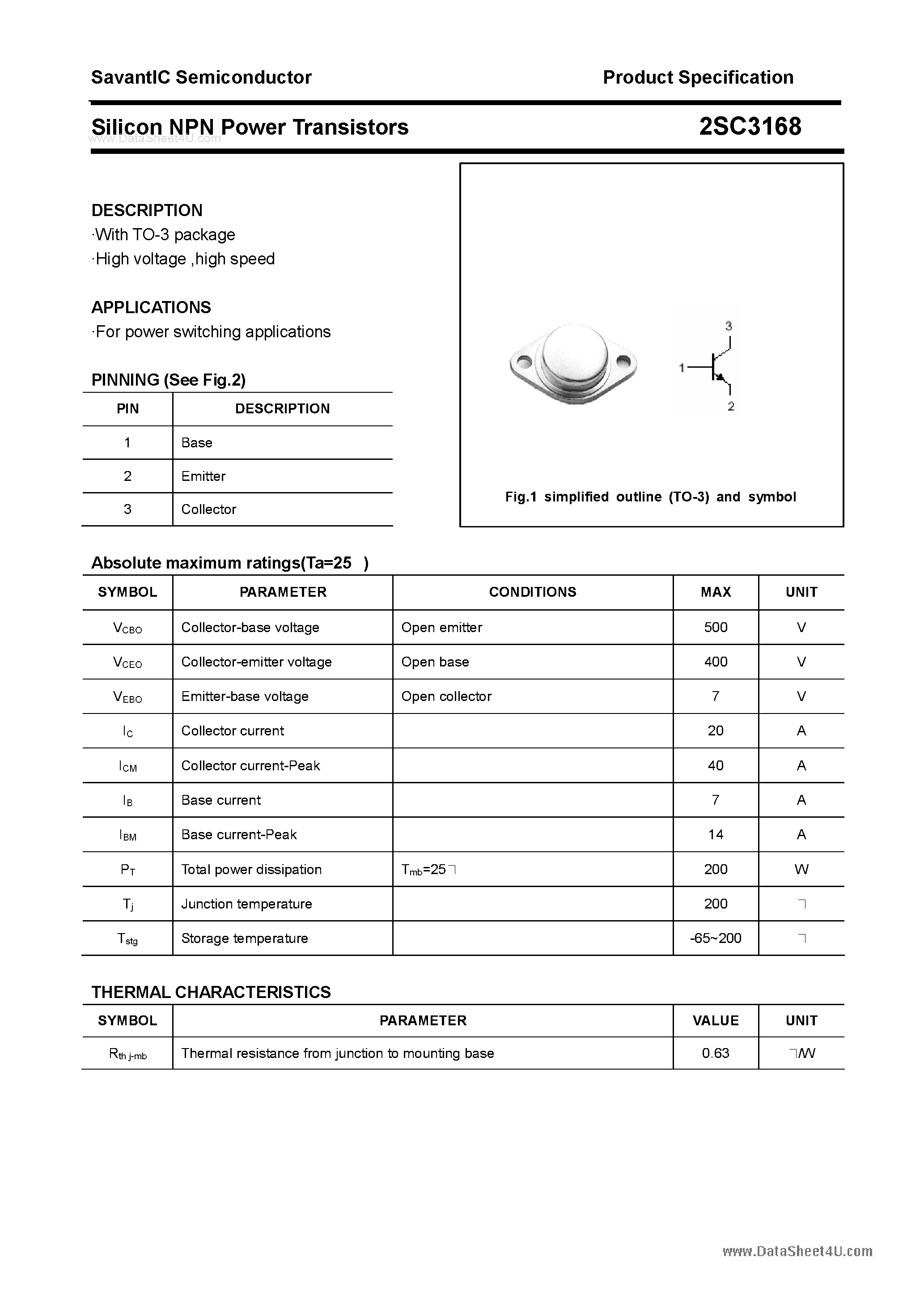 Даташит 2SC3168 - SILICON POWER TRANSISTOR страница 1