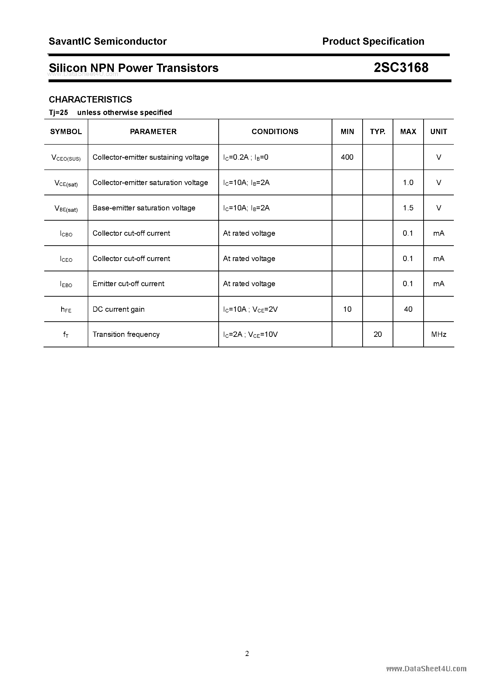 Даташит 2SC3168 - SILICON POWER TRANSISTOR страница 2