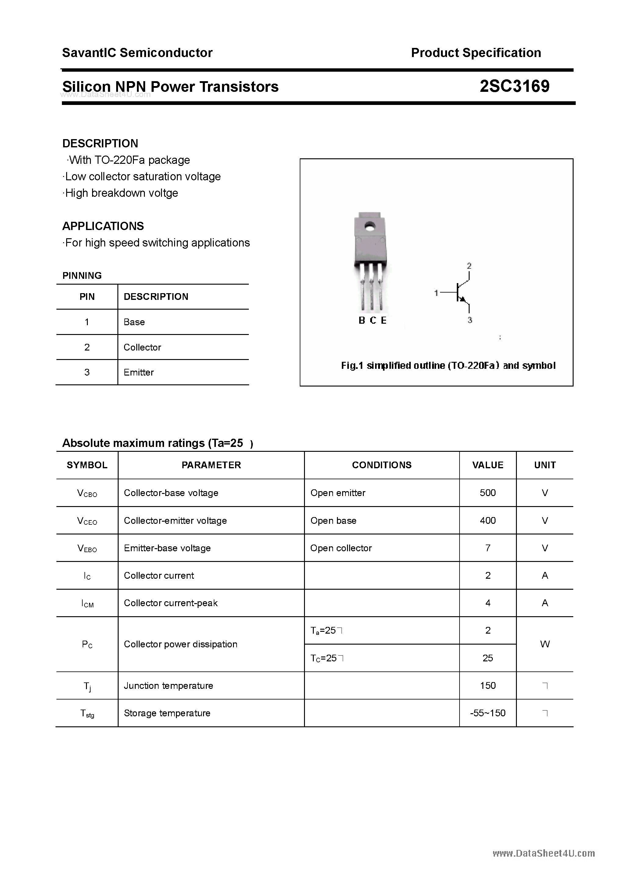 Даташит 2SC3169 - SILICON POWER TRANSISTOR страница 1