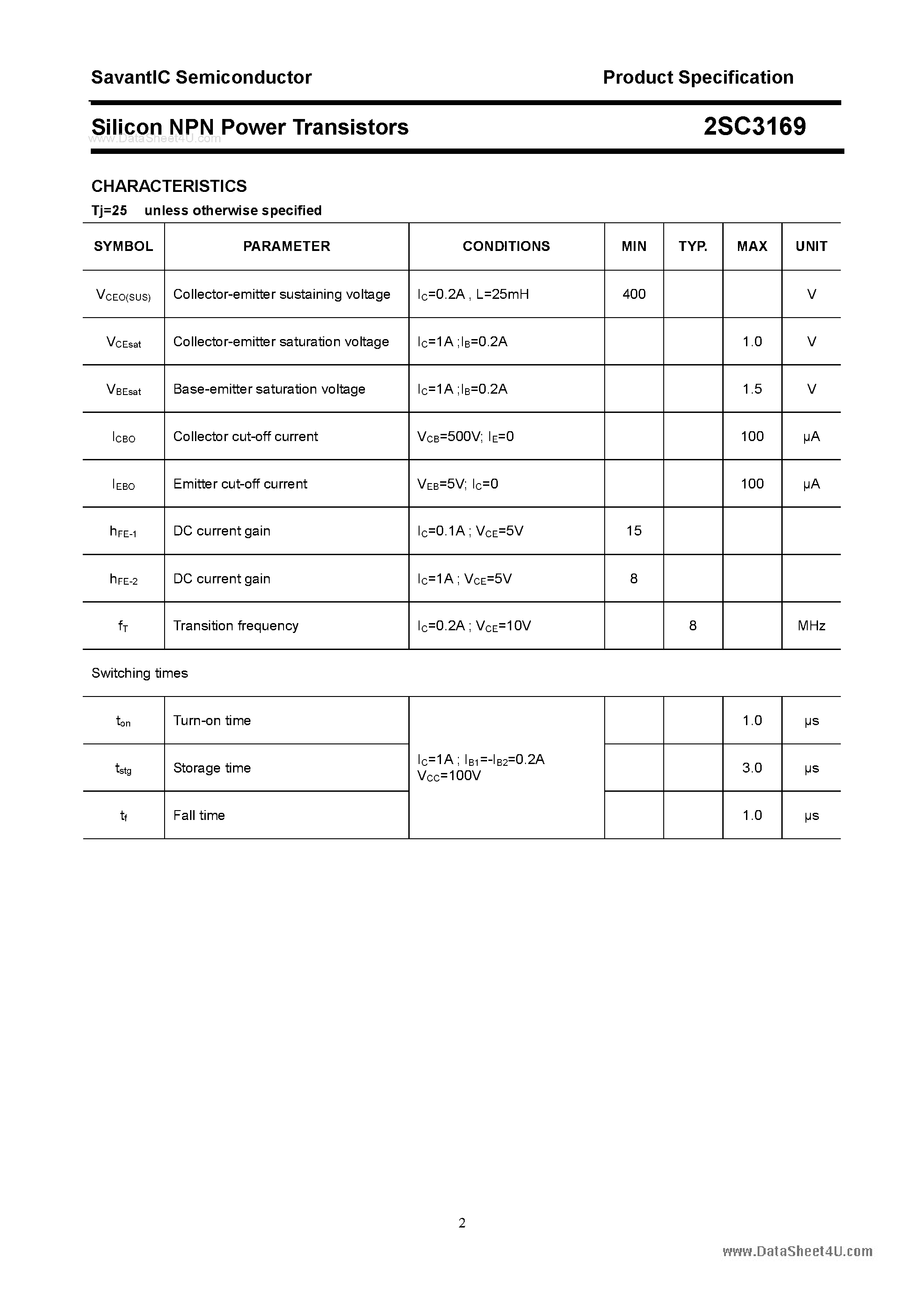 Даташит 2SC3169 - SILICON POWER TRANSISTOR страница 2