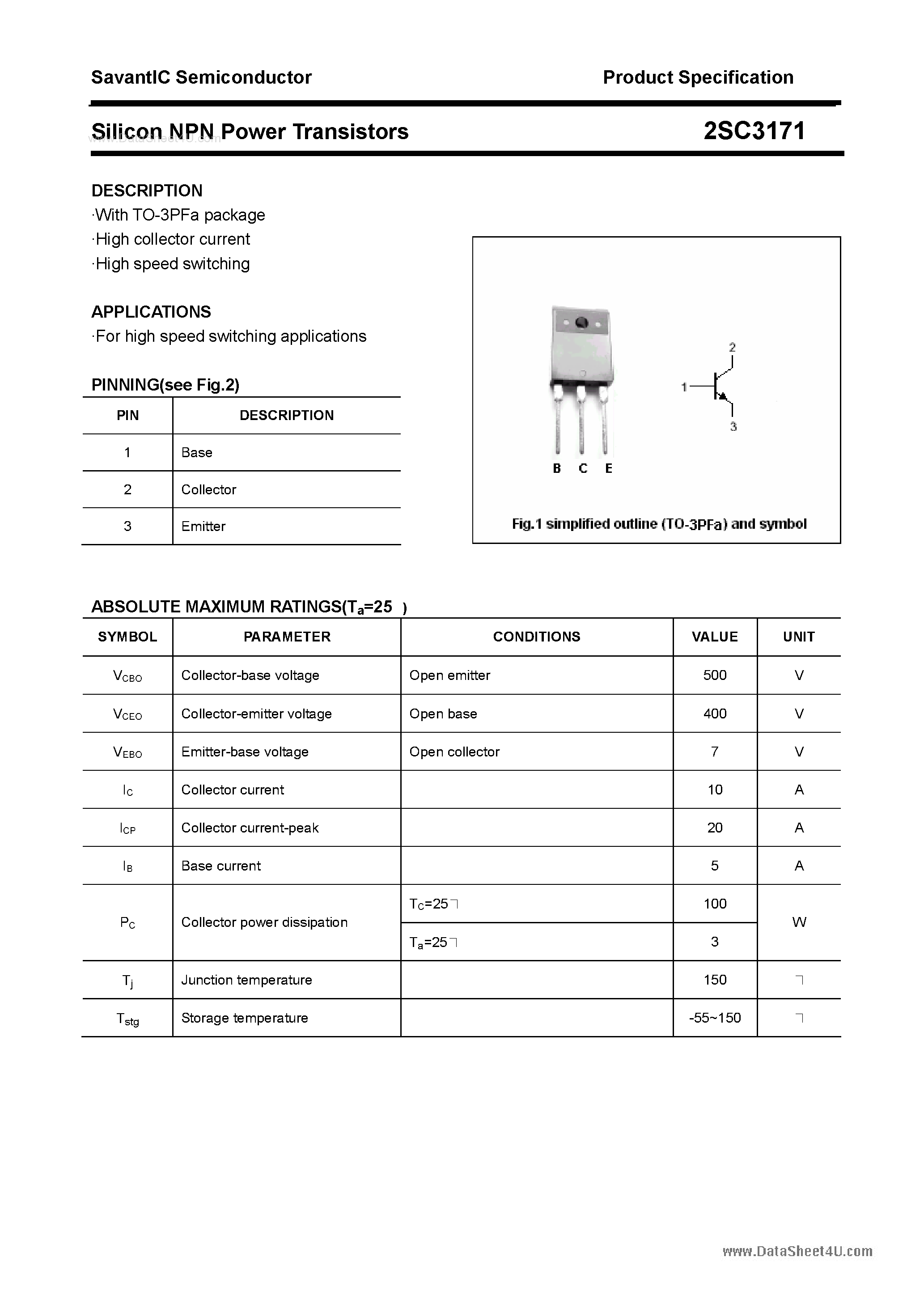 Даташит 2SC3171 - SILICON POWER TRANSISTOR страница 1