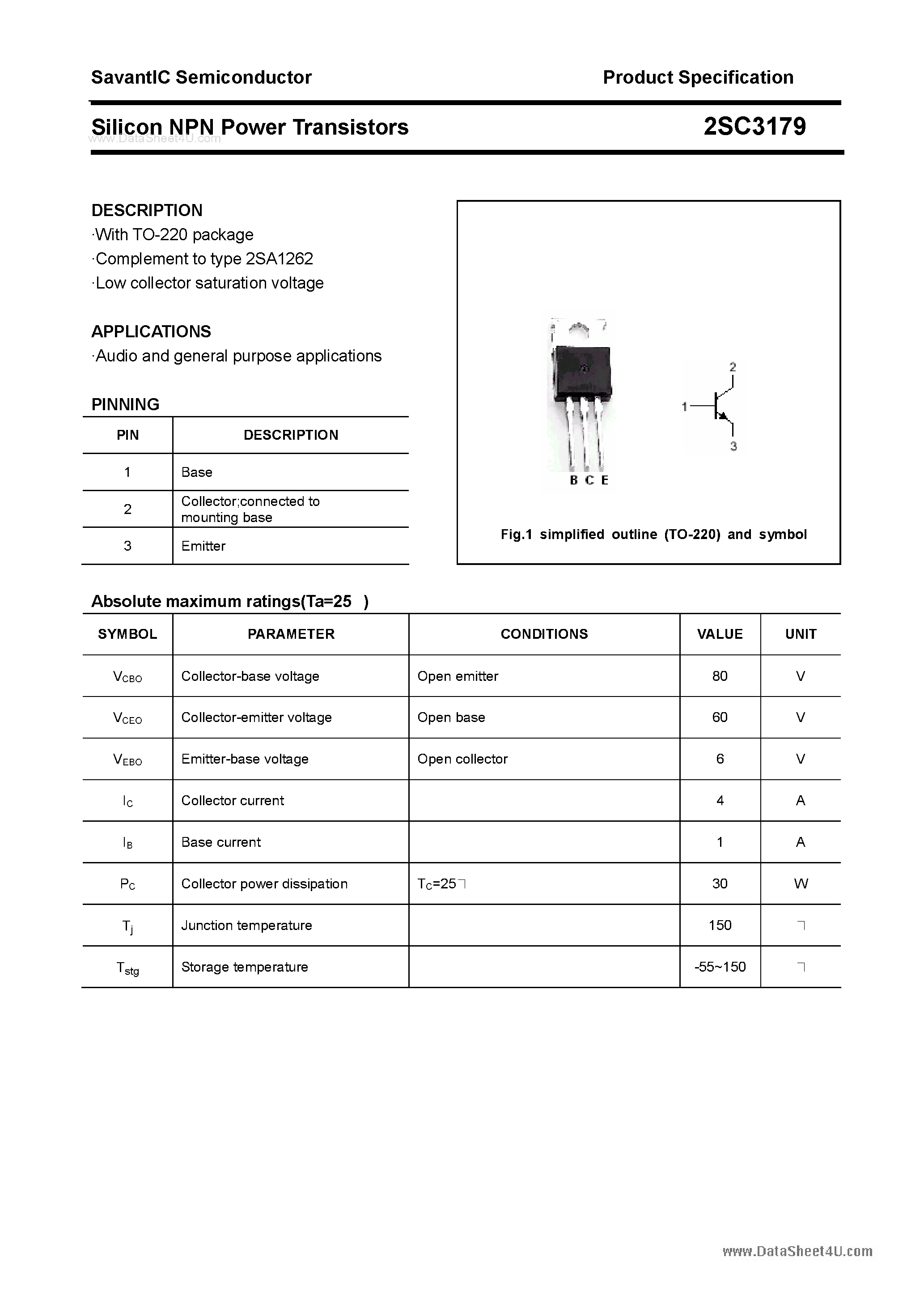 Даташит 2SC3179 - SILICON POWER TRANSISTOR страница 1