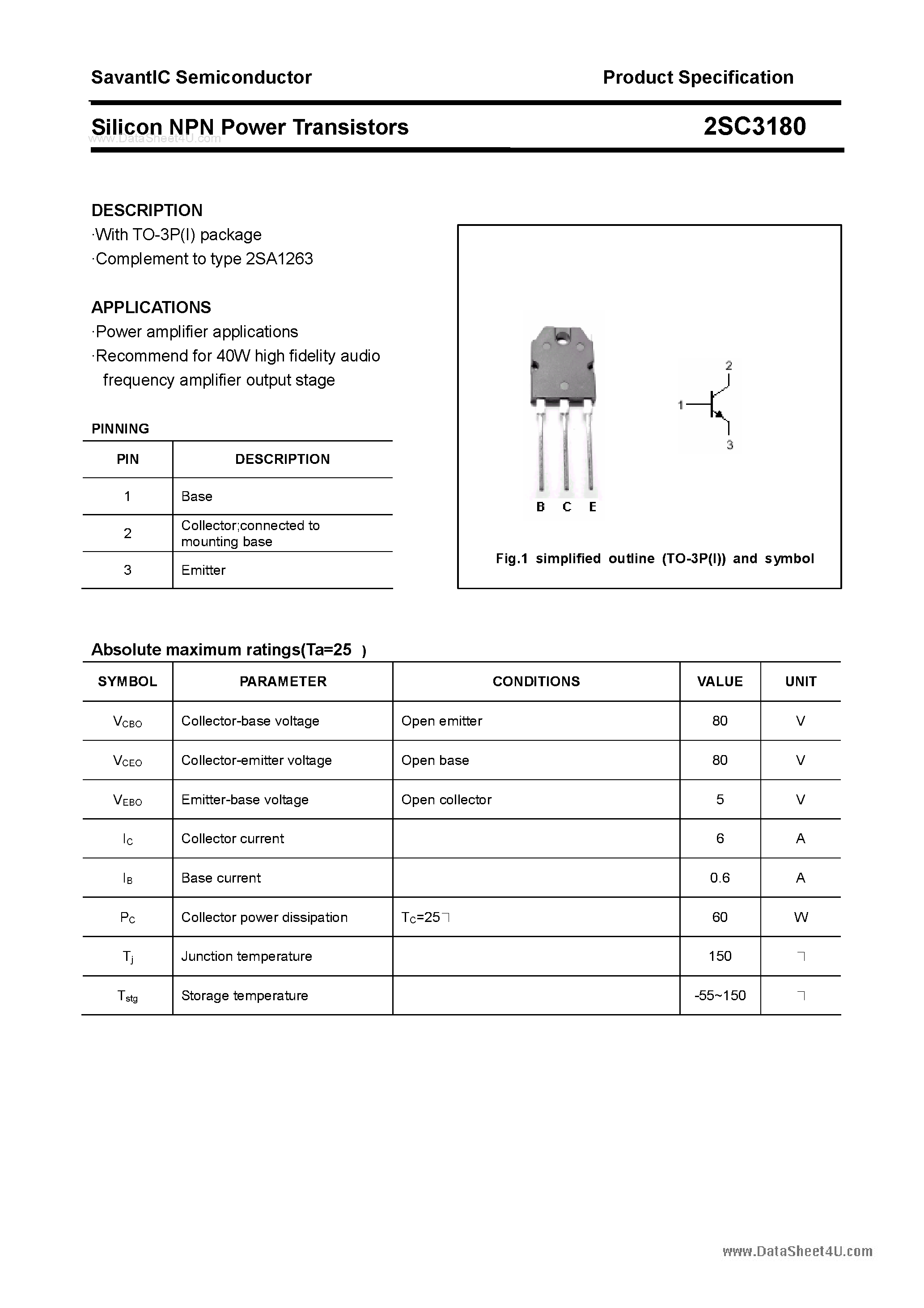 Даташит 2SC3180 - SILICON POWER TRANSISTOR страница 1