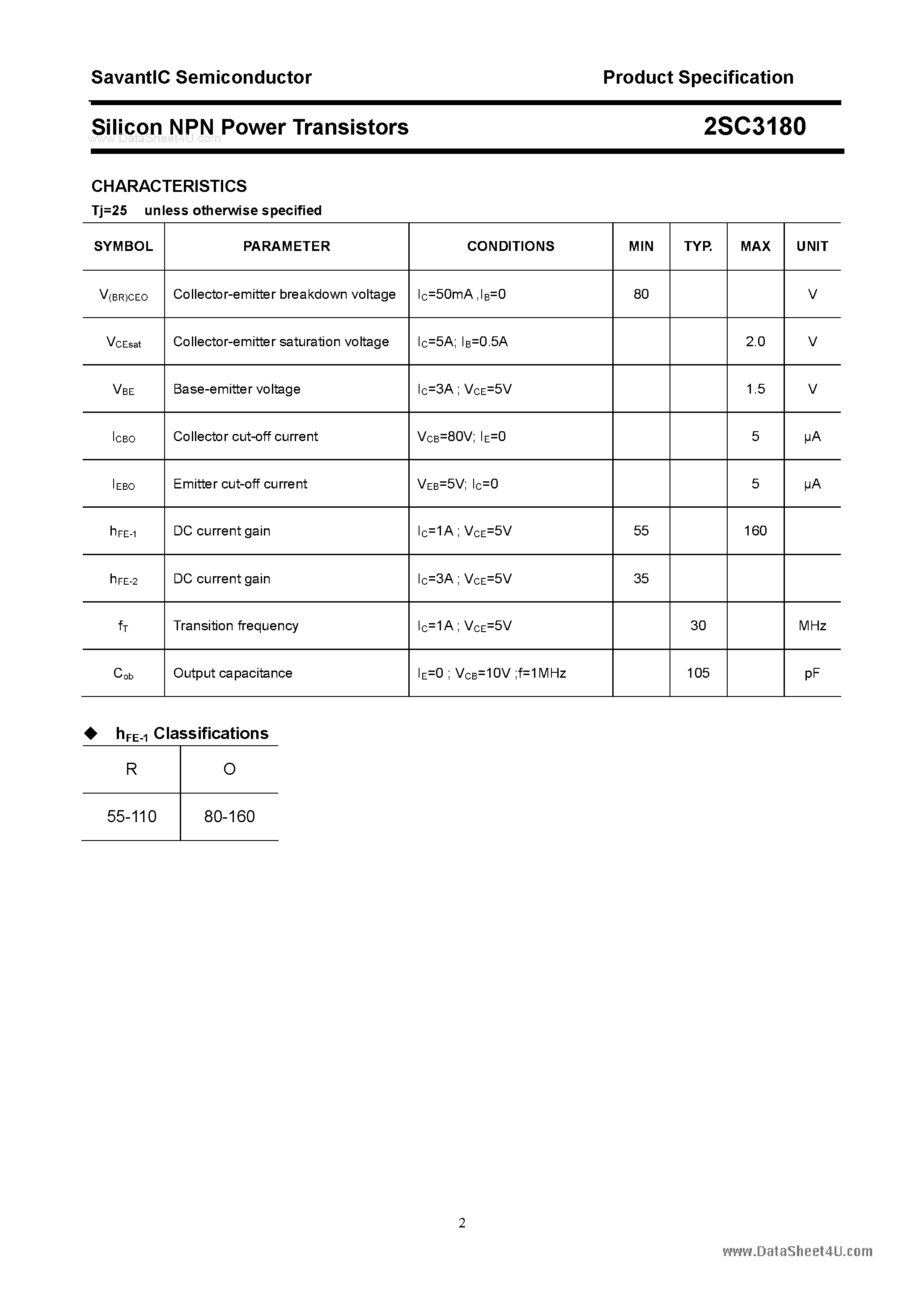 Даташит 2SC3180 - SILICON POWER TRANSISTOR страница 2