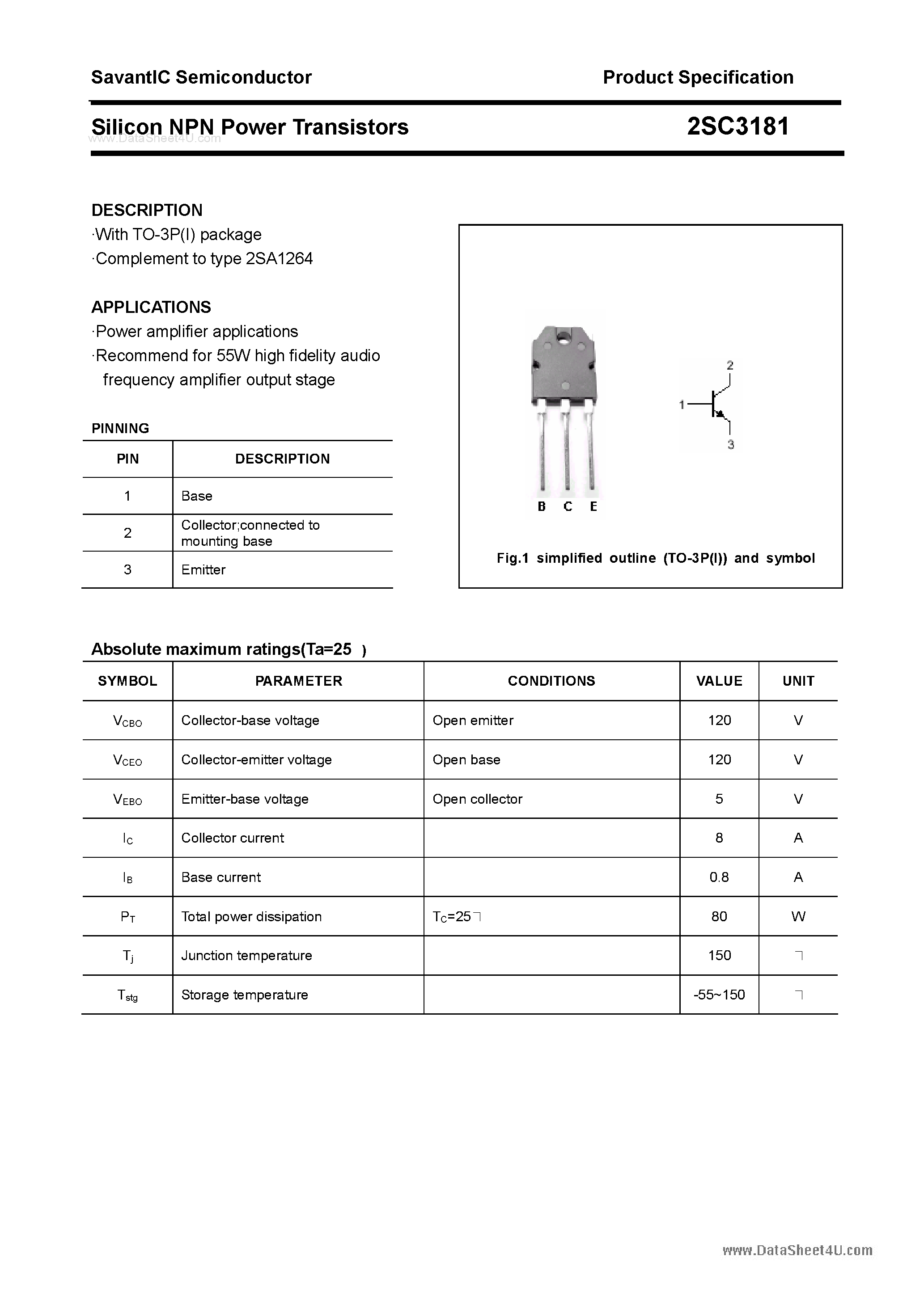 Даташит 2SC3181 - SILICON POWER TRANSISTOR страница 1