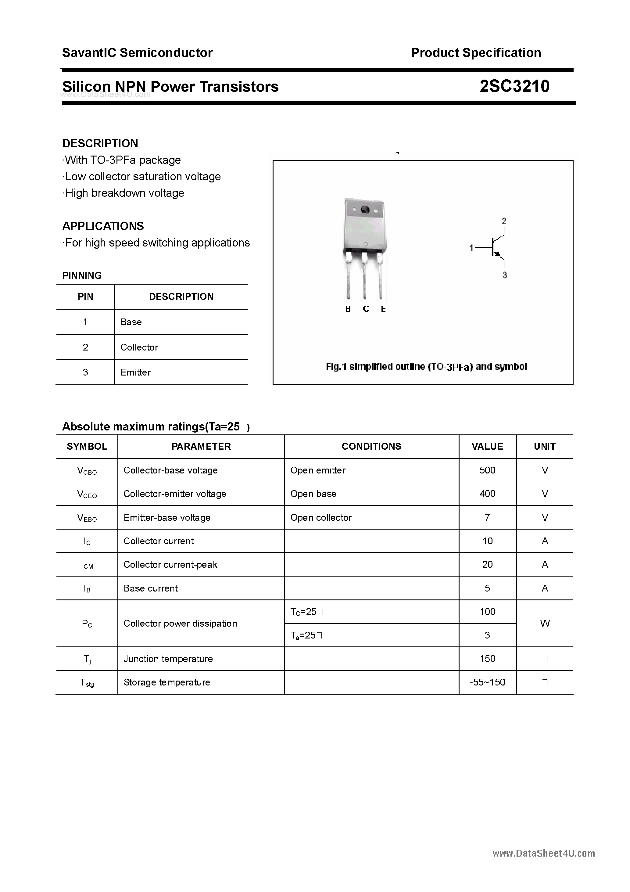 Даташит 2SC3210 - SILICON POWER TRANSISTOR страница 1