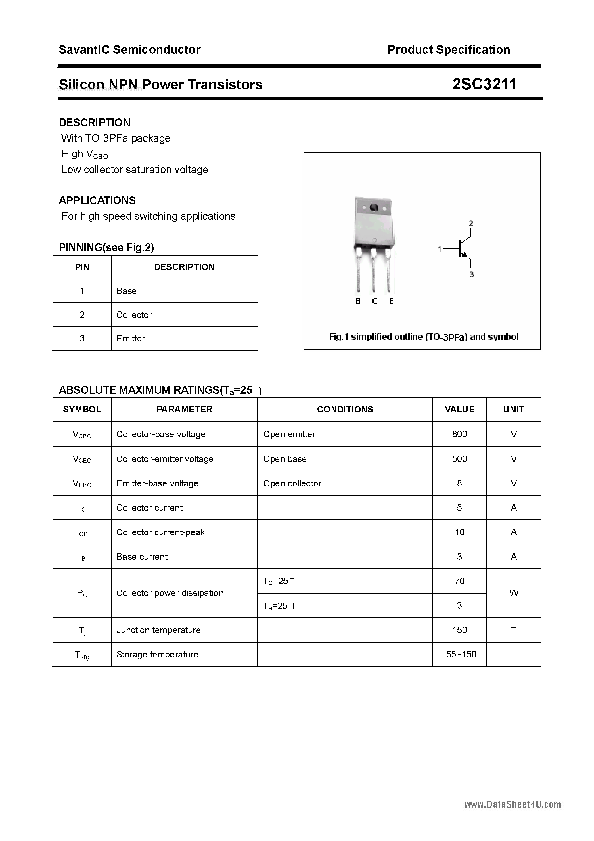 Даташит 2SC3211 - SILICON POWER TRANSISTOR страница 1