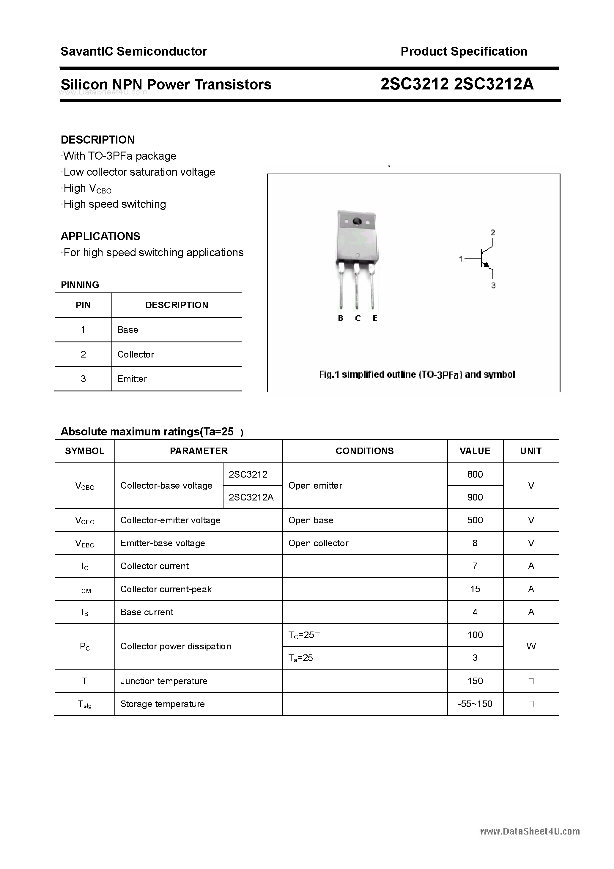 Даташит 2SC3212 - SILICON POWER TRANSISTOR страница 1