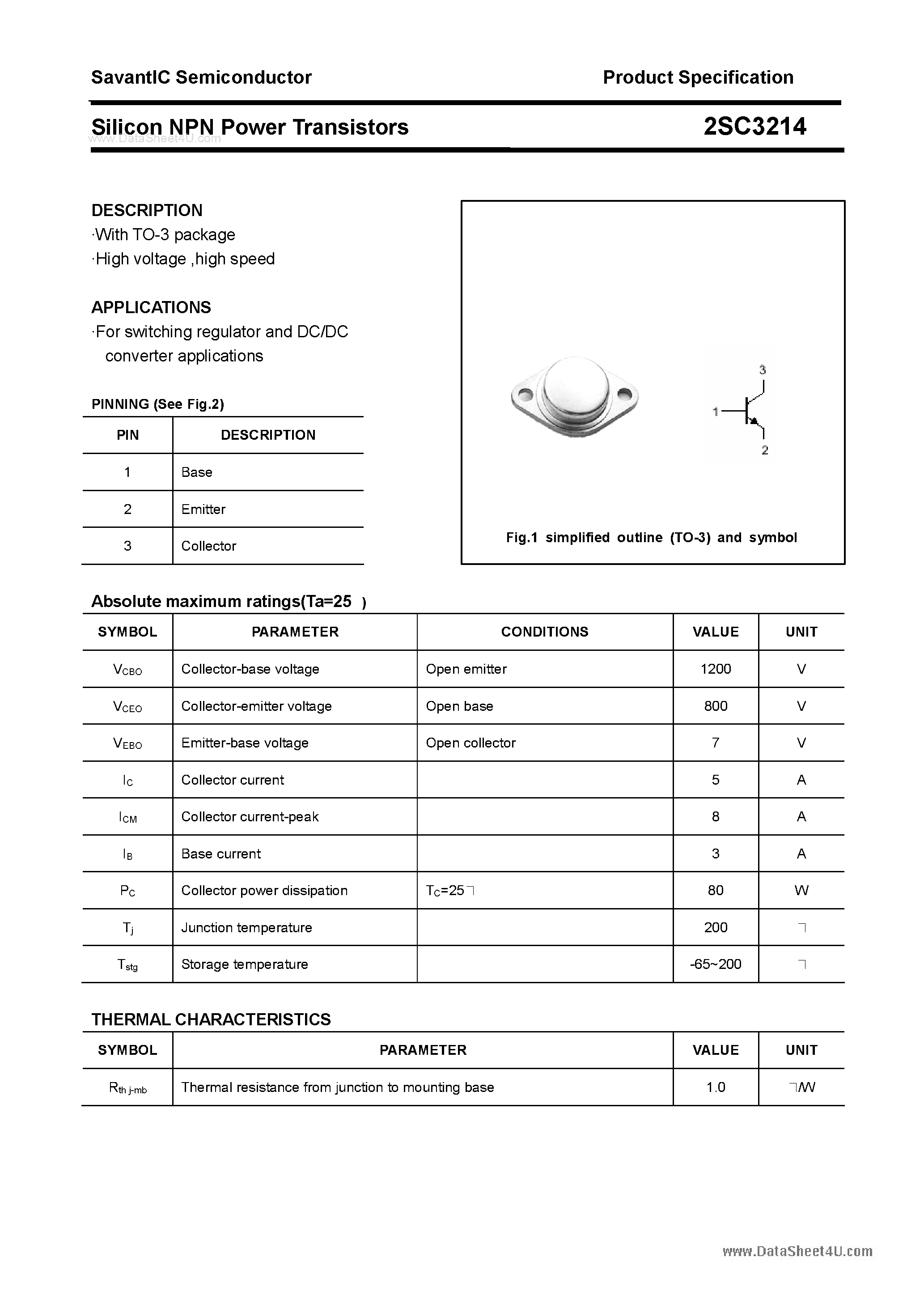 Даташит 2SC3214 - SILICON POWER TRANSISTOR страница 1