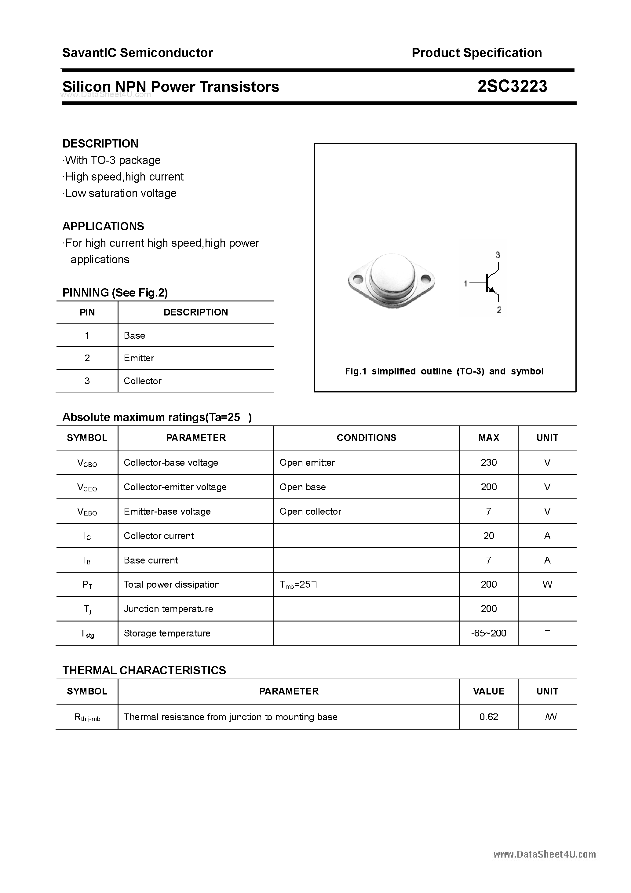 Даташит 2SC3223 - SILICON POWER TRANSISTOR страница 1