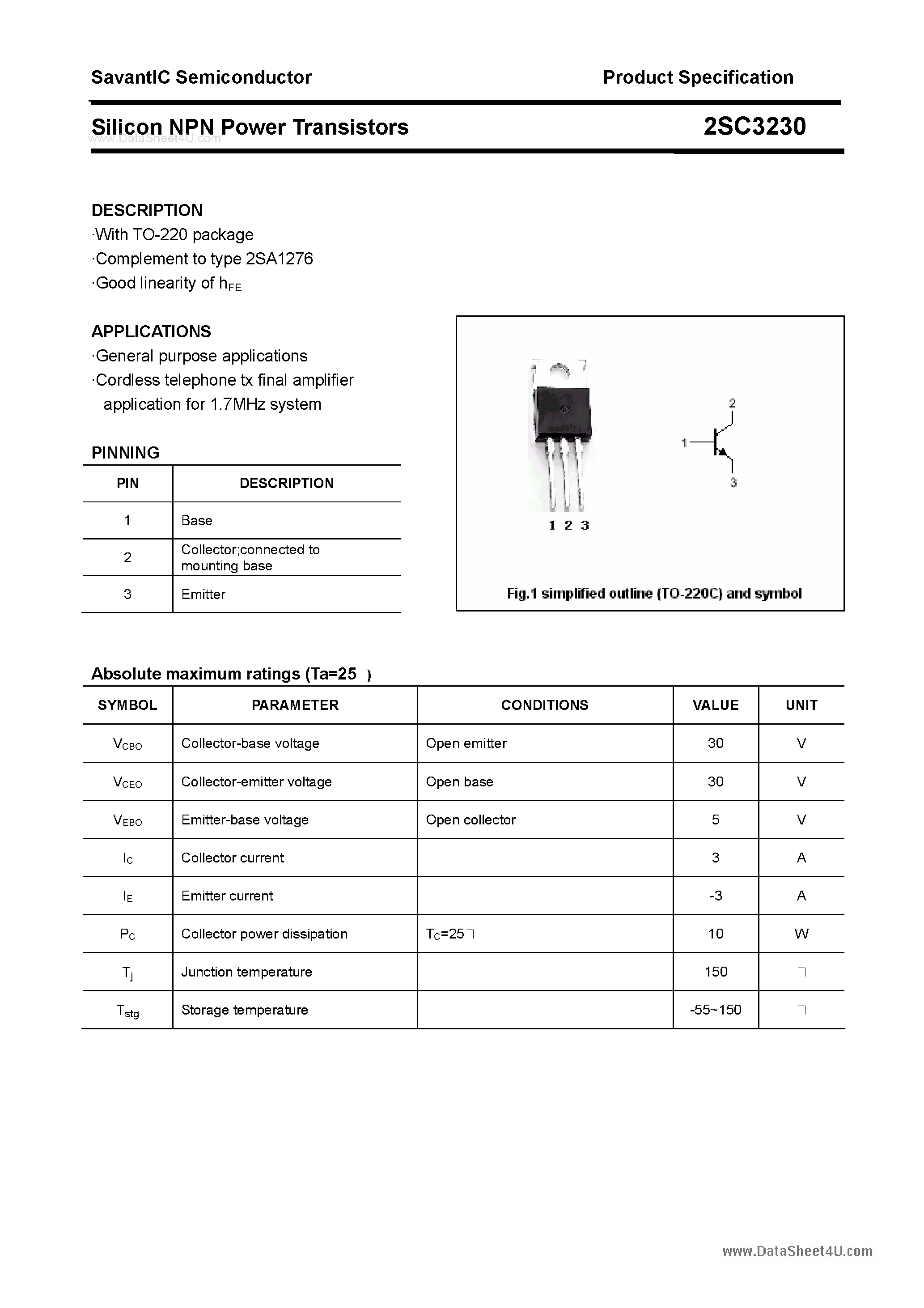 Даташит 2SC3230 - SILICON POWER TRANSISTOR страница 1