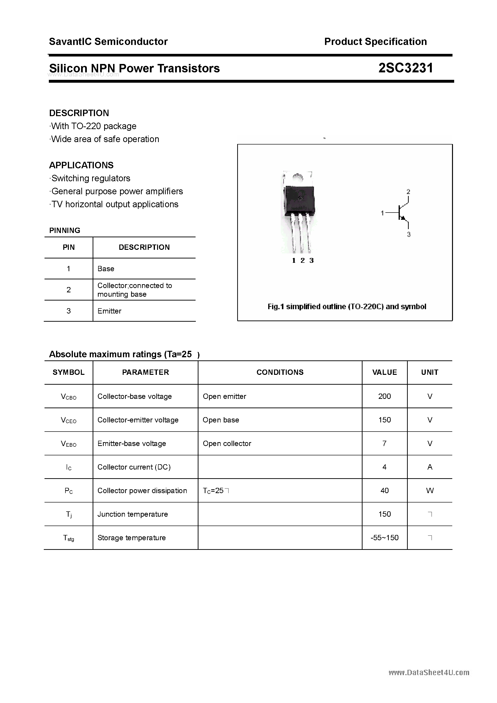 Даташит 2SC3231 - SILICON POWER TRANSISTOR страница 1