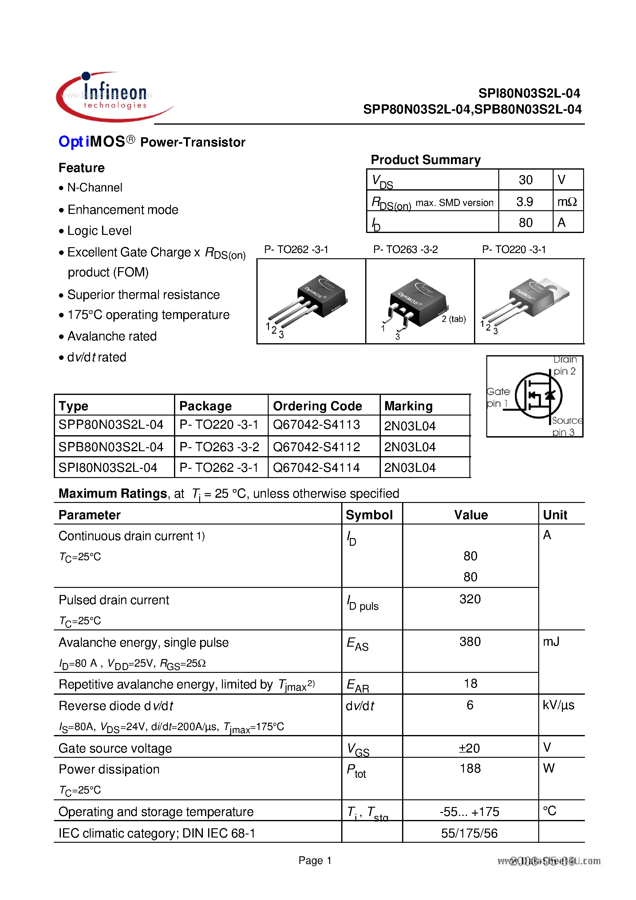 Даташит SPI80N03S2L-04 - Power-Transistor страница 1