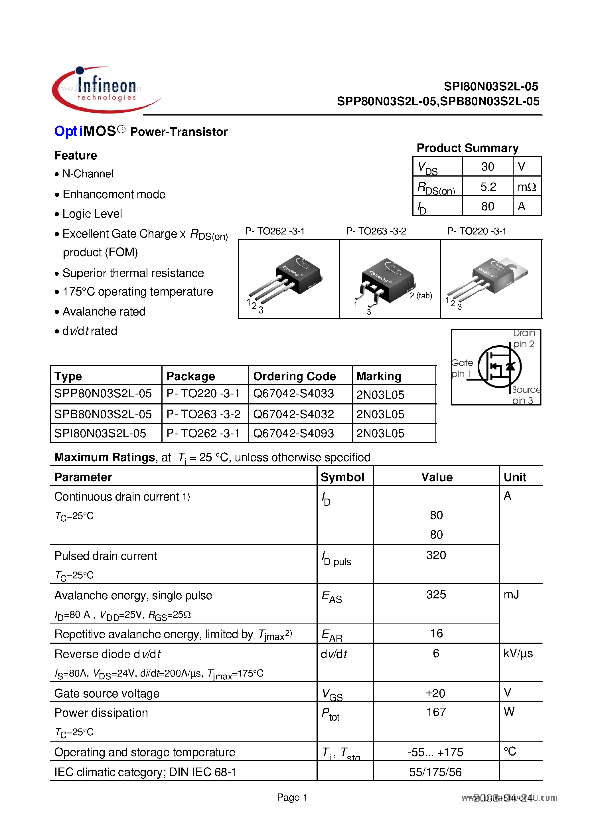 Даташит SPI80N03S2L-05 - Power-Transistor страница 1