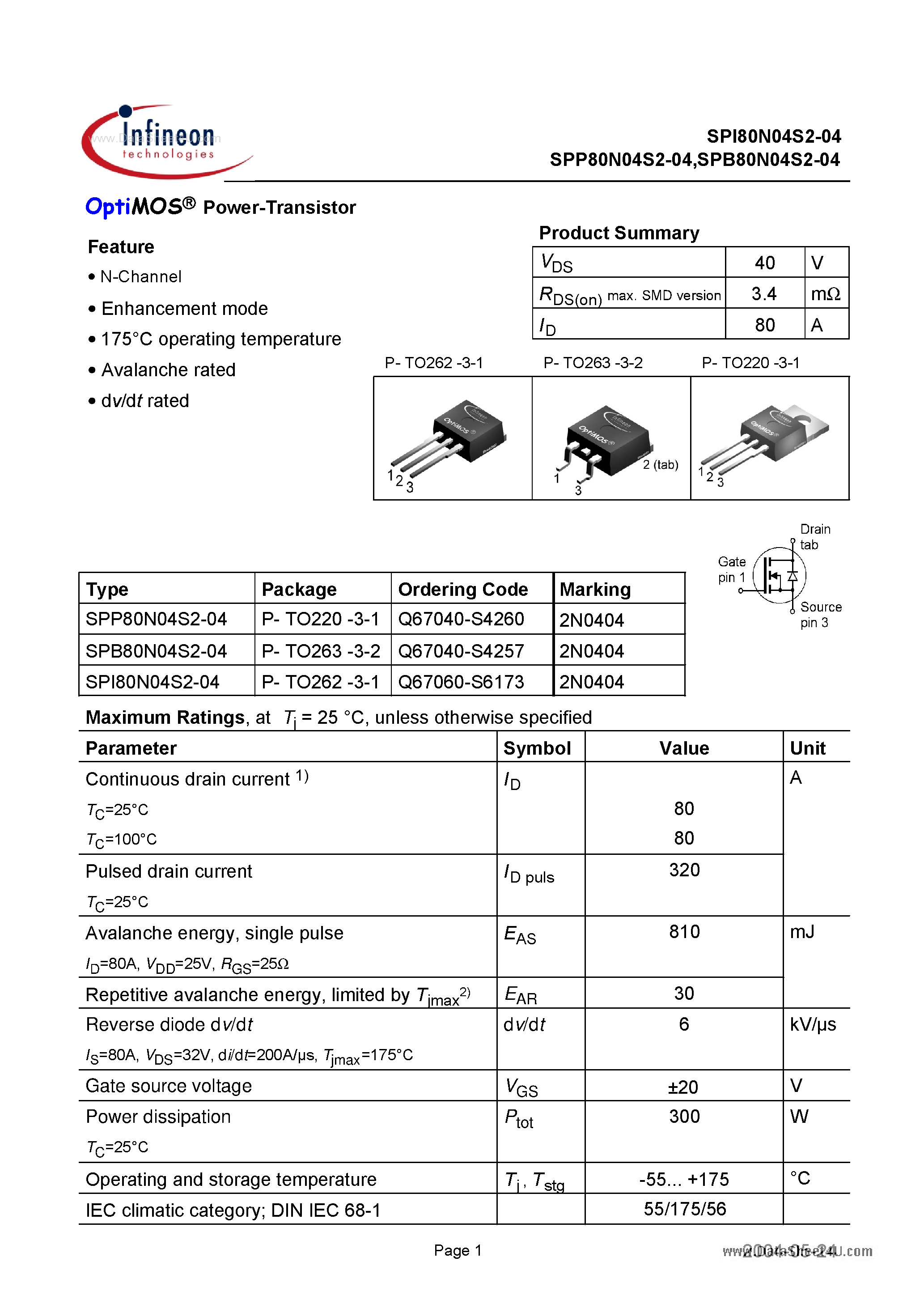 Даташит SPI80N04S2-04 - Power-Transistor страница 1