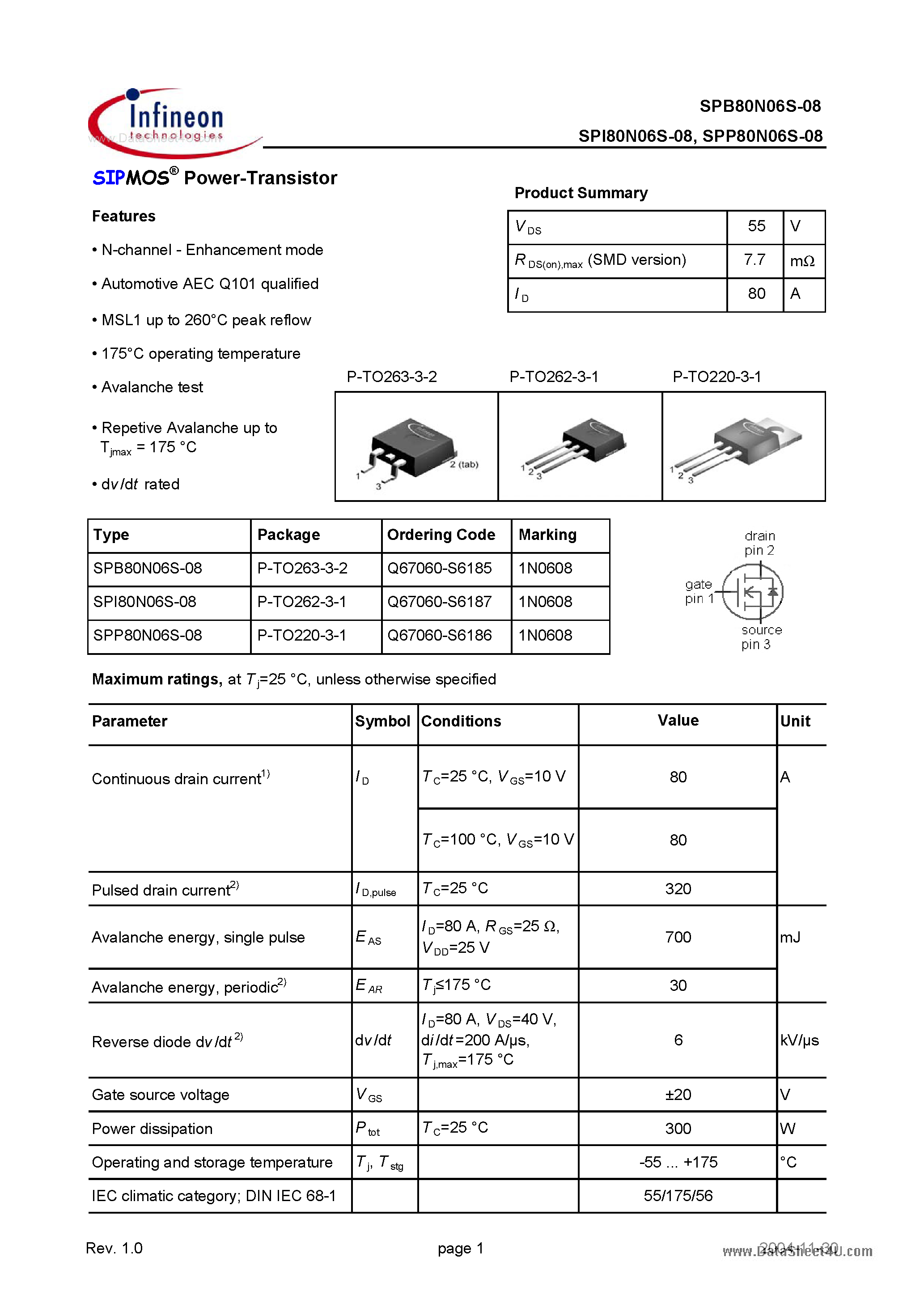 Даташит SPI80N06S-08 - Power-Transistor страница 1