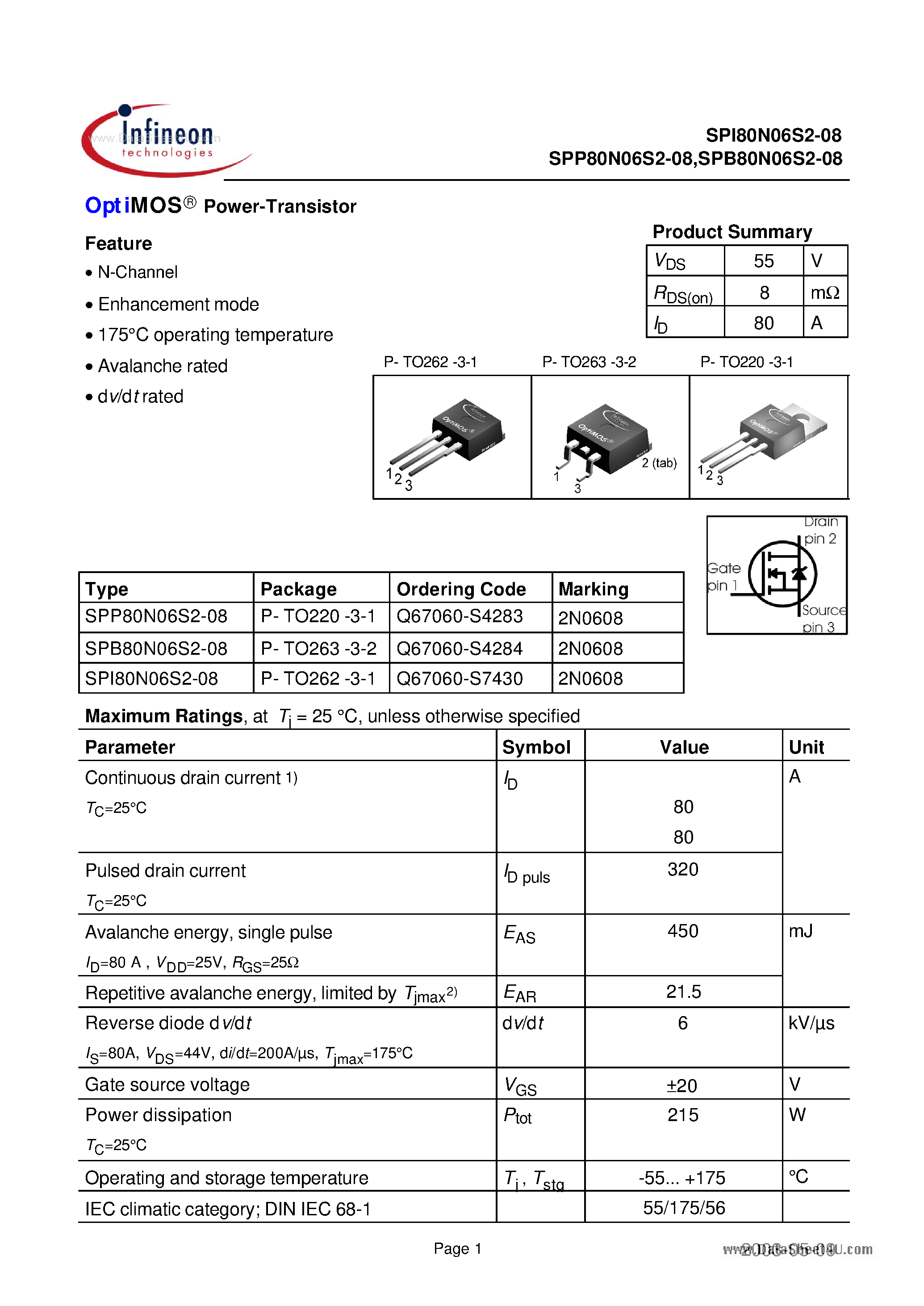 Даташит SPI80N06S2-08 - Power-Transistor страница 1