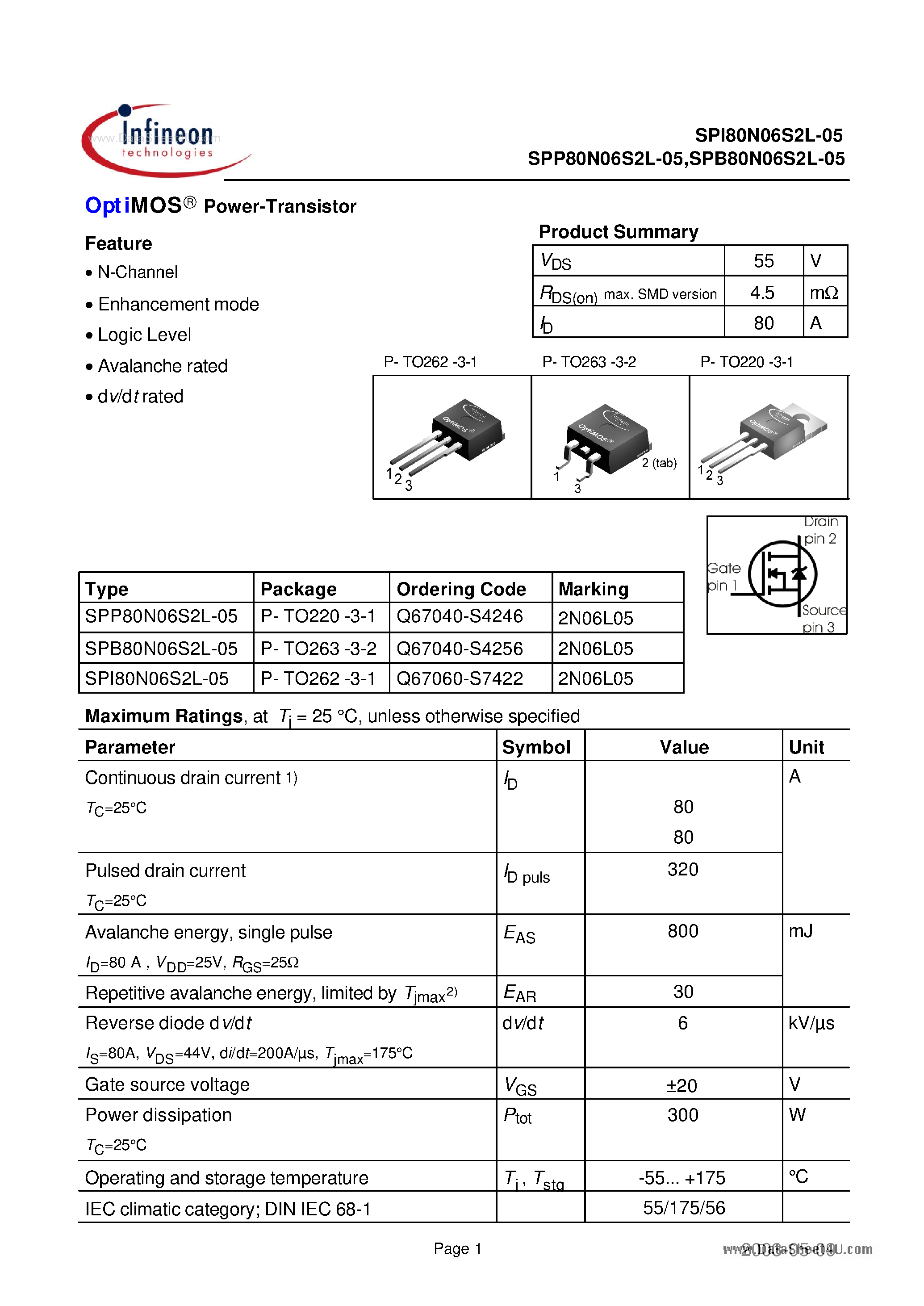 Даташит SPI80N06S2L-05 - Power-Transistor страница 1