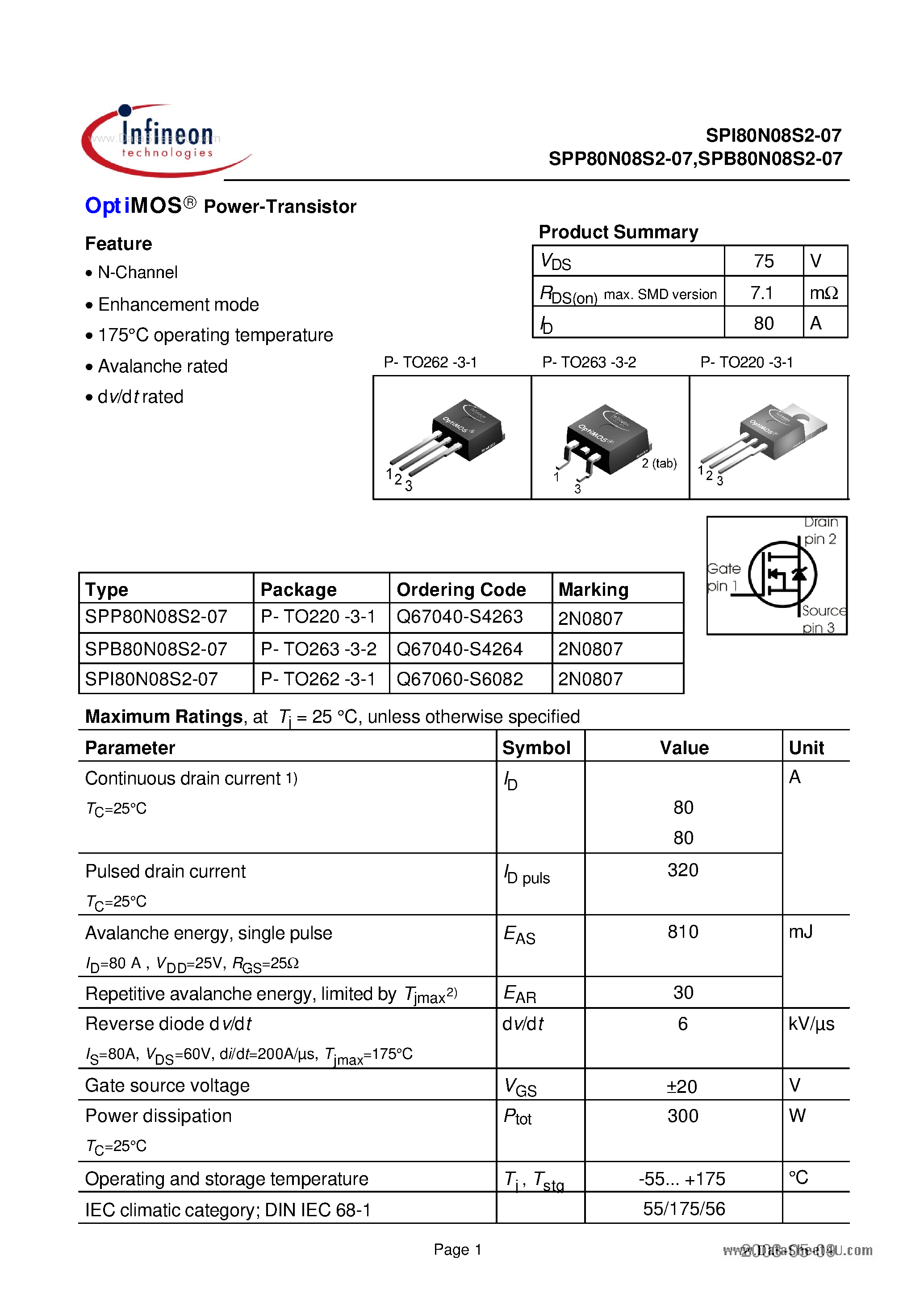 Даташит SPI80N08S2-07 - Power-Transistor страница 1