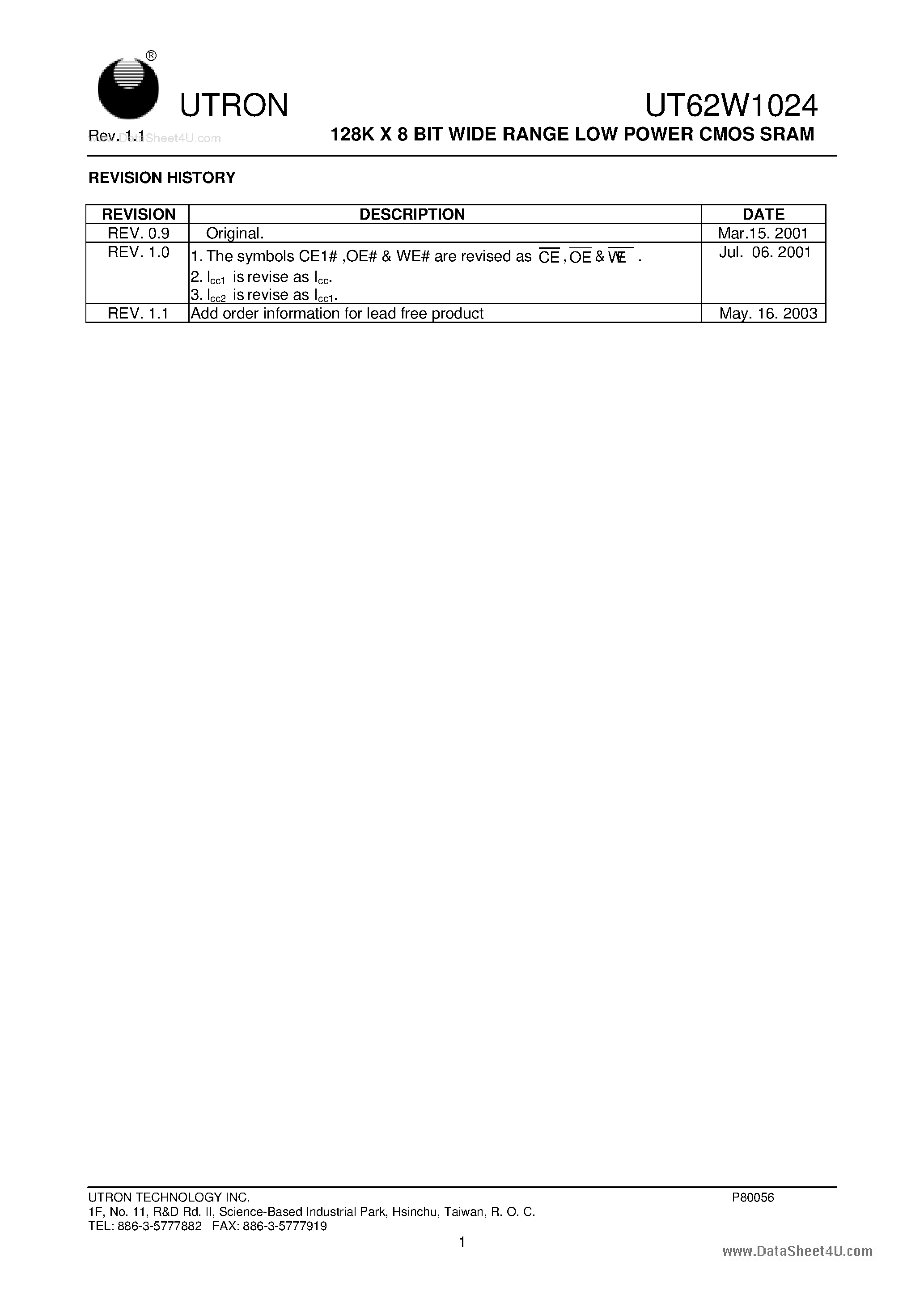 Даташит UT62W1024 - 128K X 8-Bit Wide Range Low Power CMOS SRAM страница 1