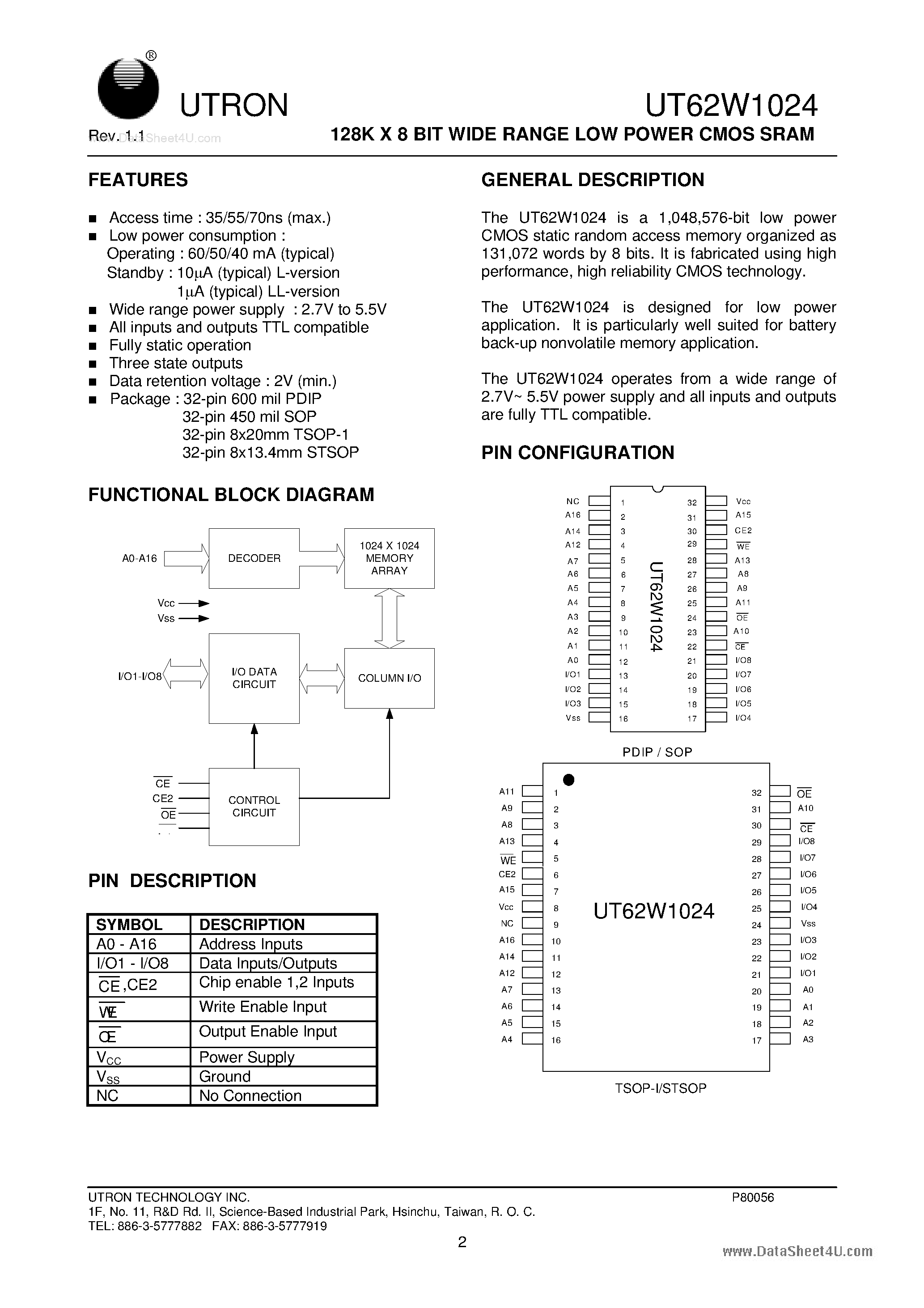 Даташит UT62W1024 - 128K X 8-Bit Wide Range Low Power CMOS SRAM страница 2