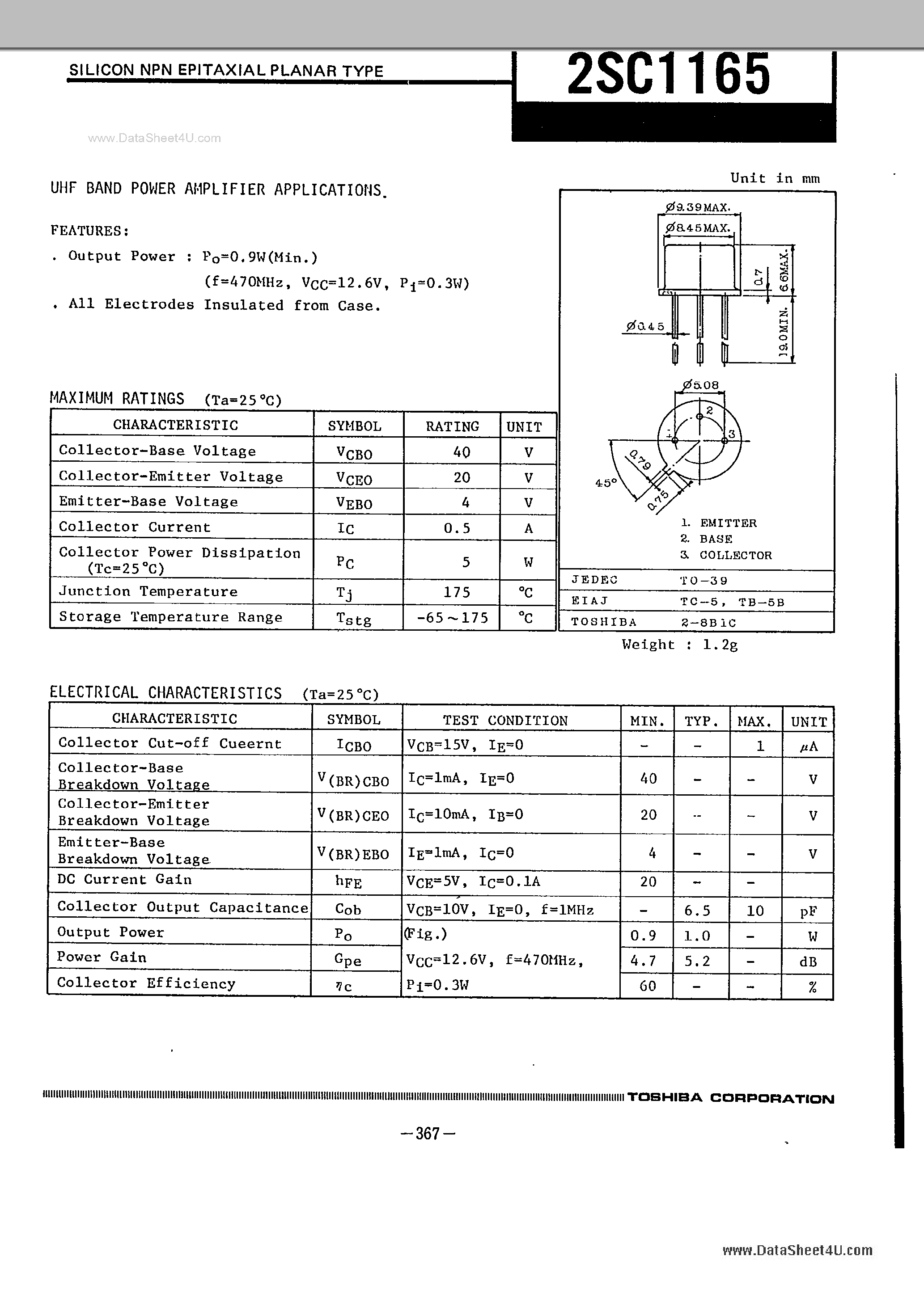 Datasheet 2SC1165 - UHF Band Power Amplifier Applications page 1