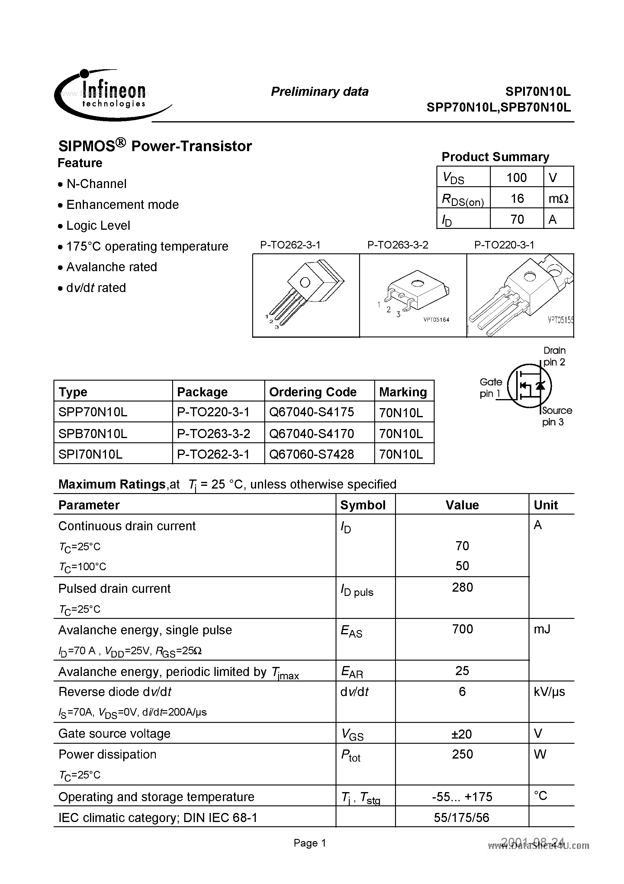 Даташит 70N10L - Search -----> SPI70N10L страница 1