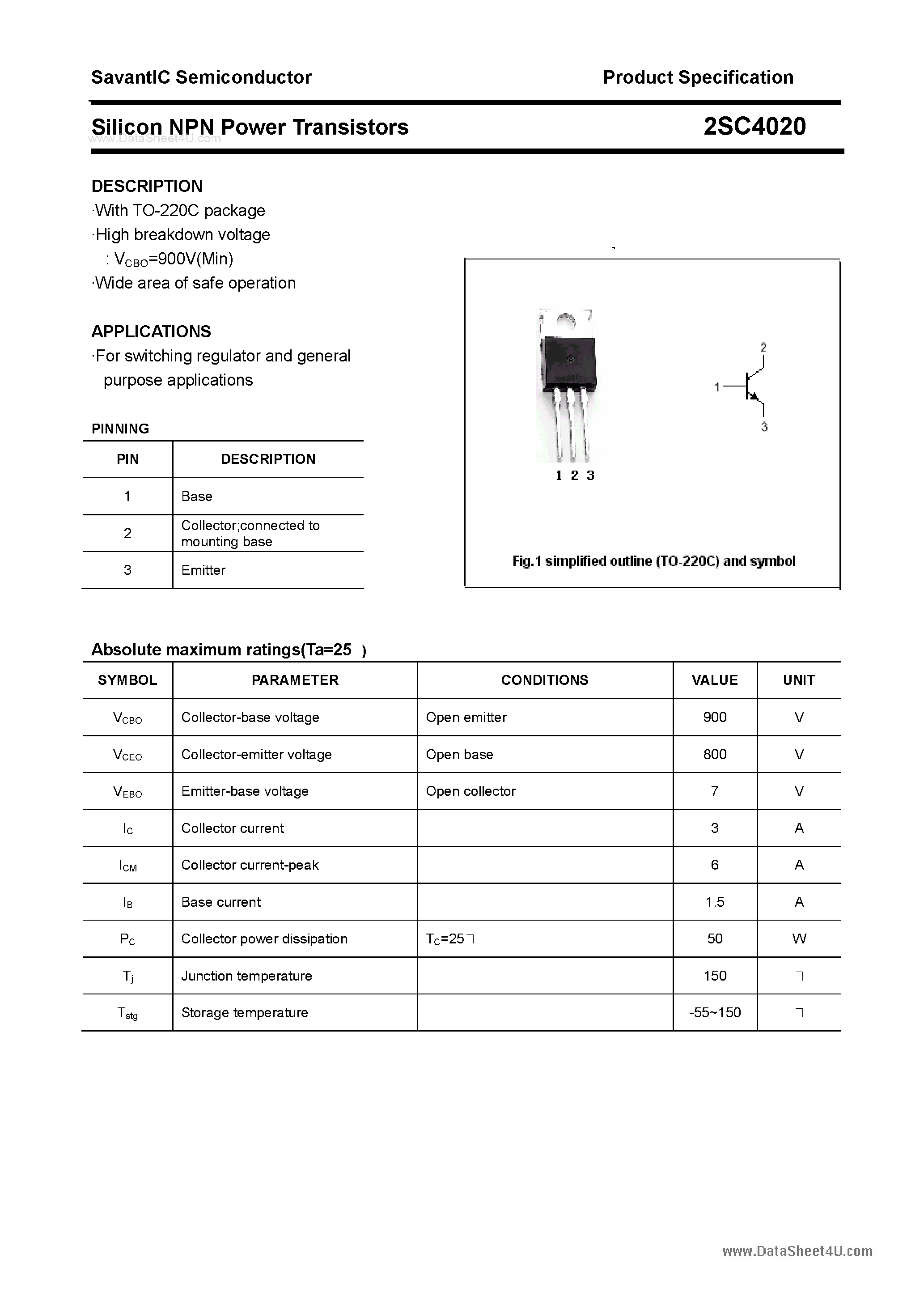 Datasheet 2SC4020 - SILICON POWER TRANSISTOR page 1