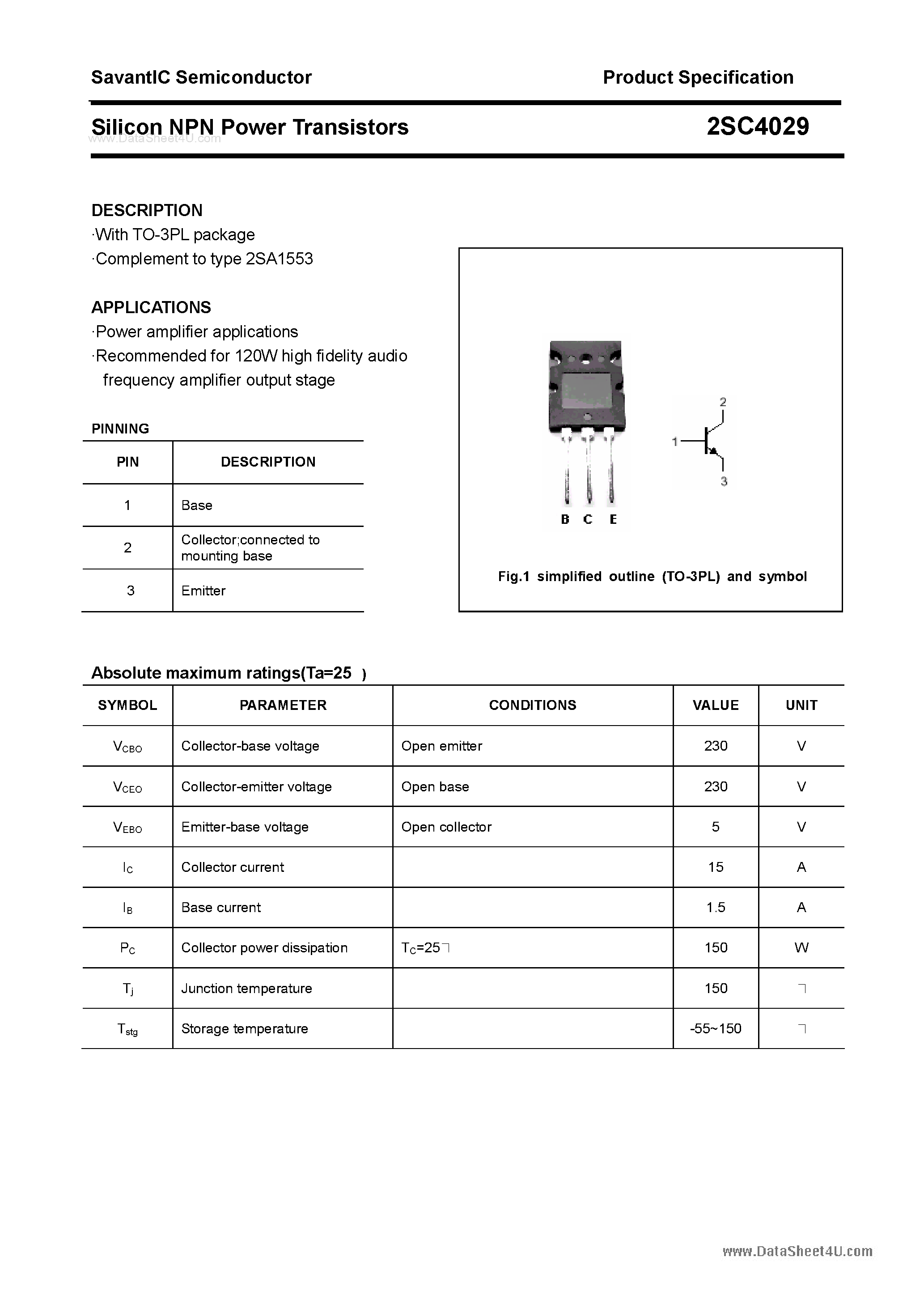 Datasheet 2SC4029 - SILICON POWER TRANSISTOR page 1
