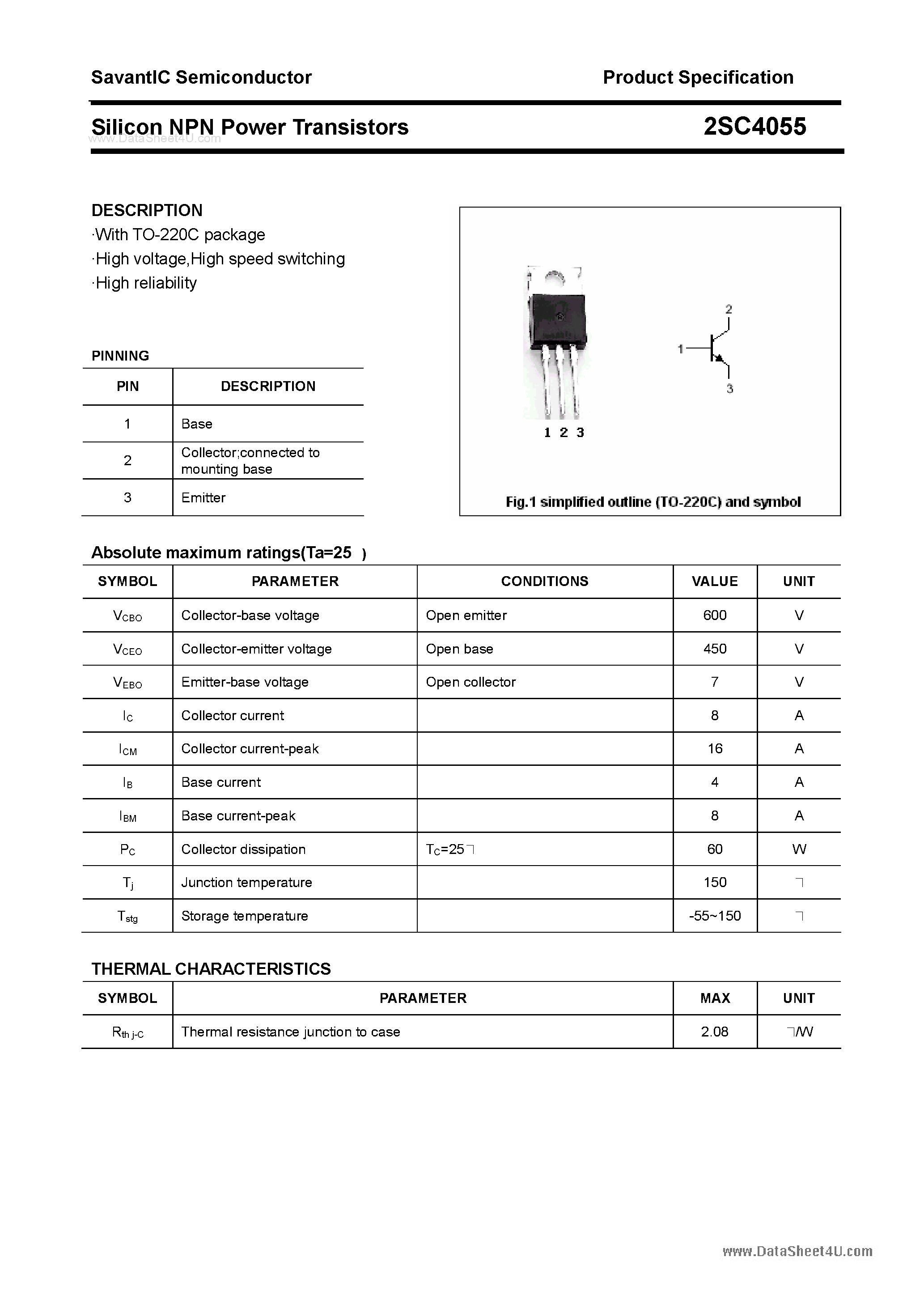 Даташит 2SC4055 - SILICON POWER TRANSISTOR страница 1