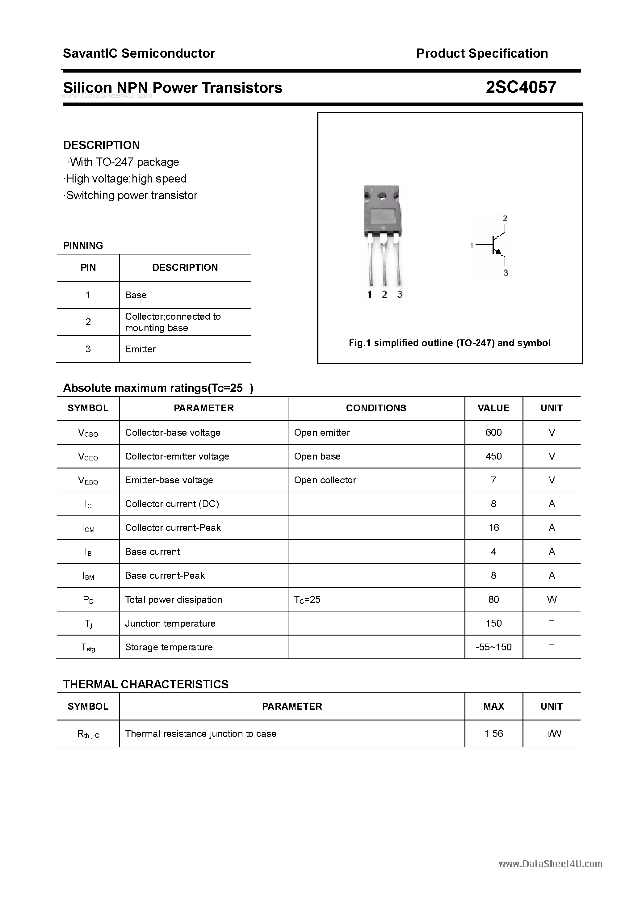 Даташит 2SC4057 - SILICON POWER TRANSISTOR страница 1