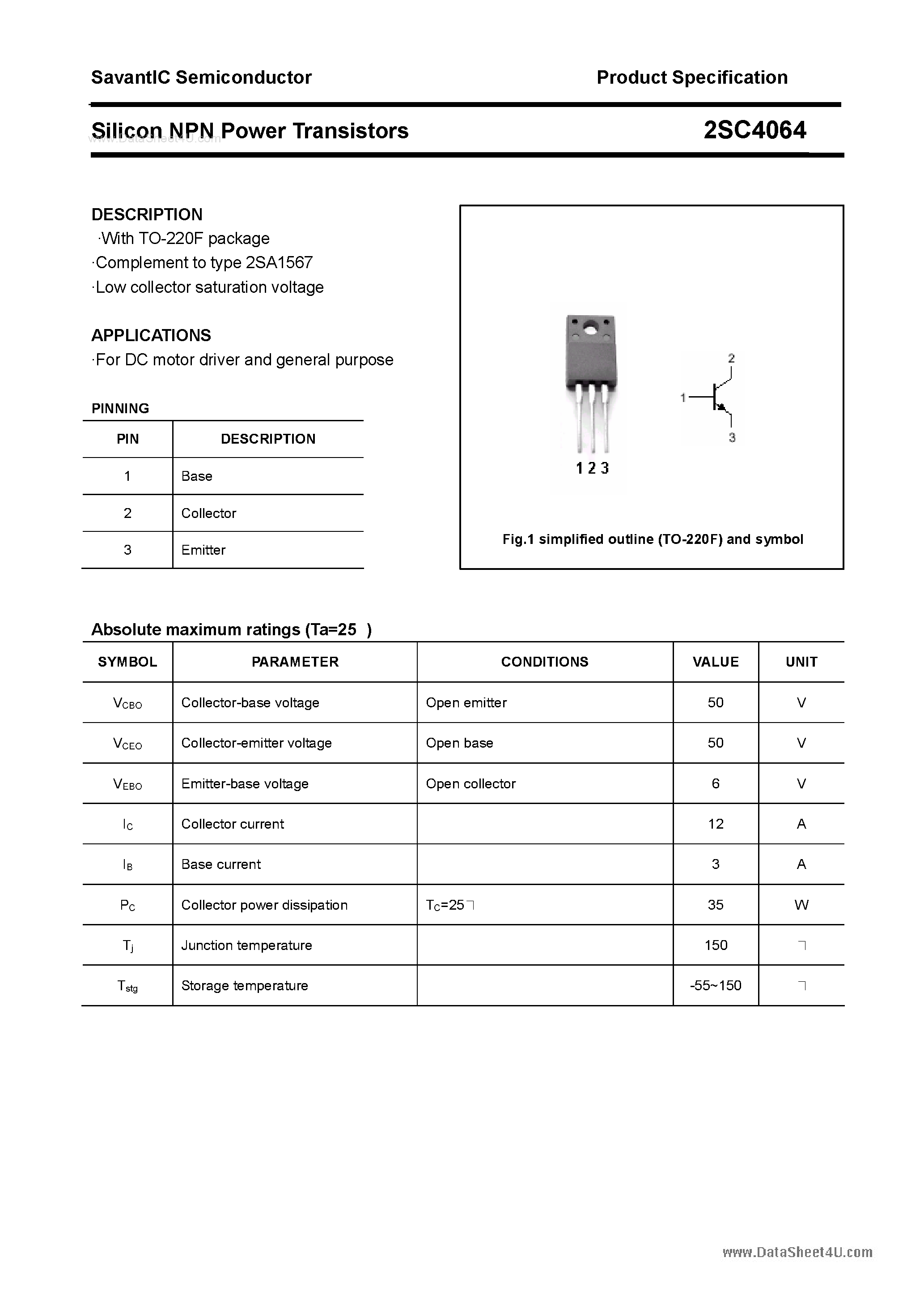 Даташит 2SC4064 - SILICON POWER TRANSISTOR страница 1