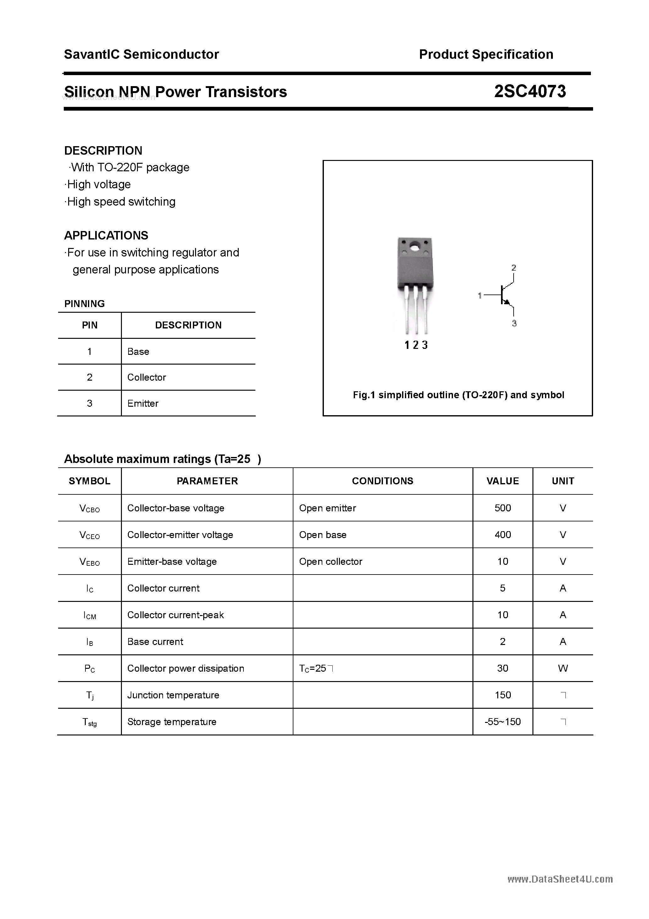 Даташит 2SC4073 - SILICON POWER TRANSISTOR страница 1