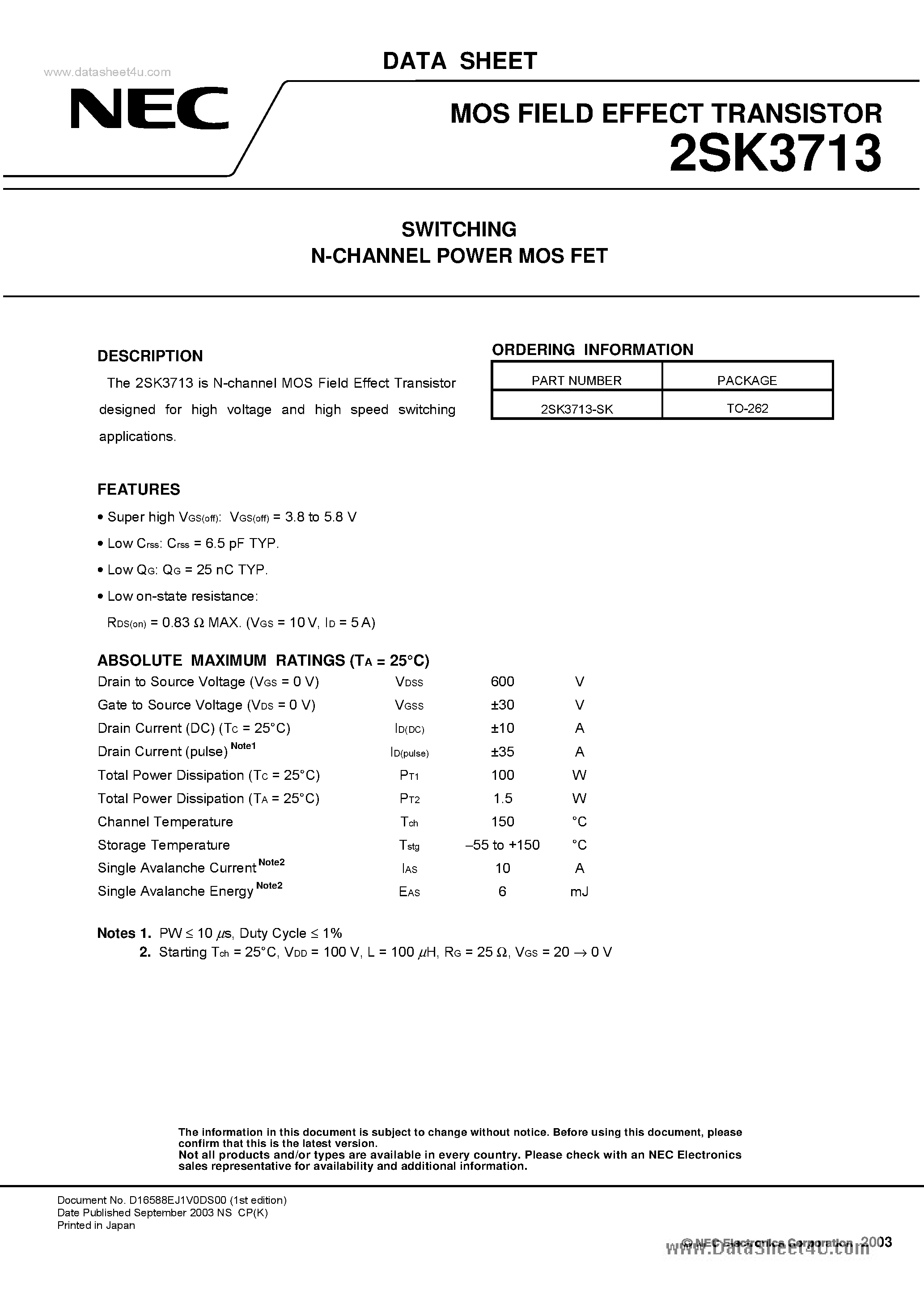 Datasheet K3713 - Search -----> 2SK3713 page 1